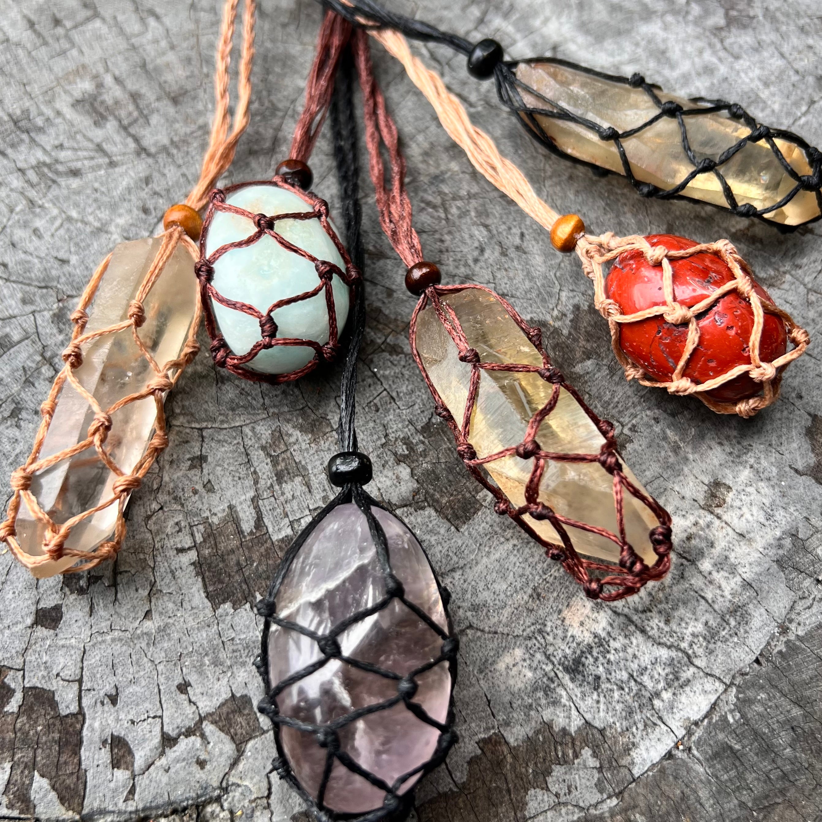 Waxed Cord Macrame Crystal Cage Necklace ~ Light Brown