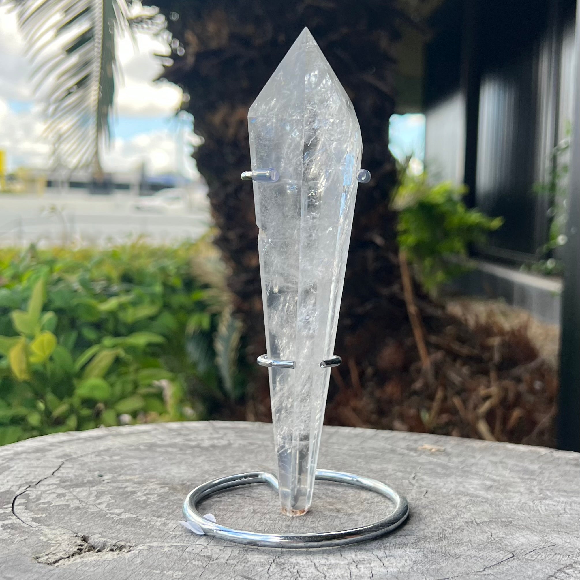 Clear Quartz Generator Wand on Stand