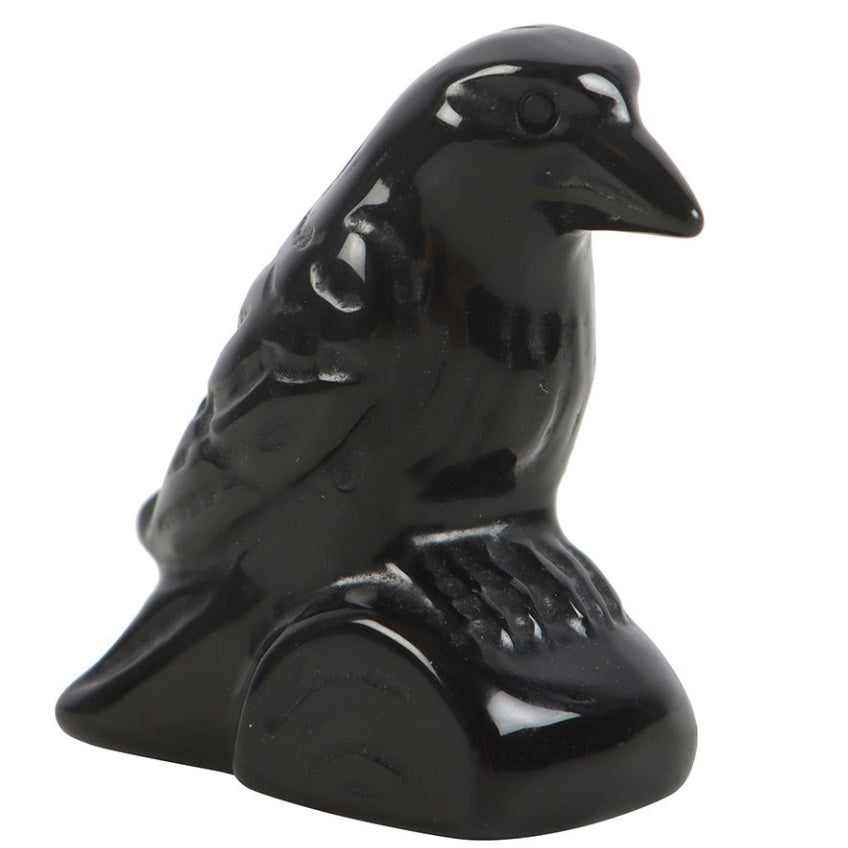 Black Obsidian Raven Carving in Bag