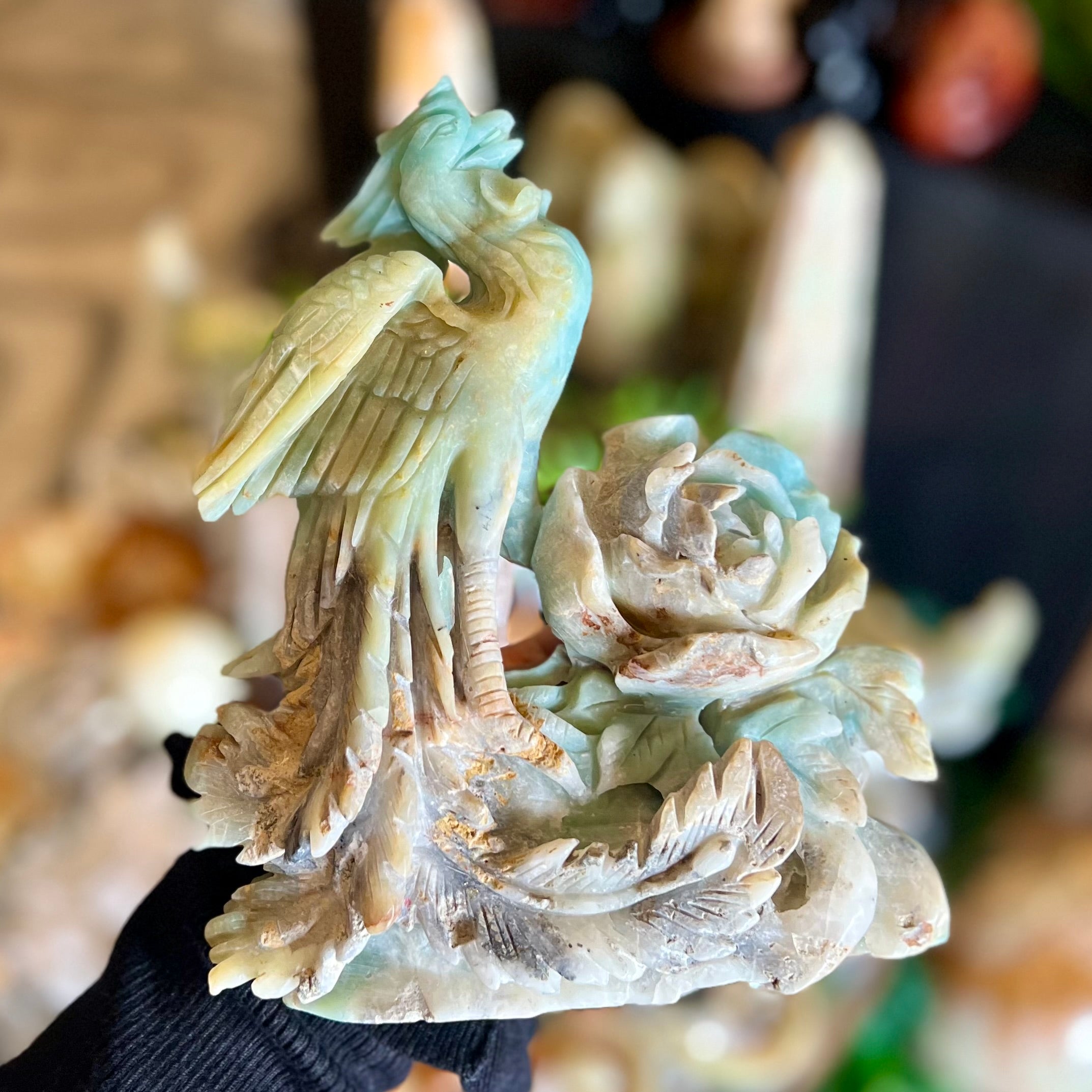 Amazonite Phoenix & Rose Carving