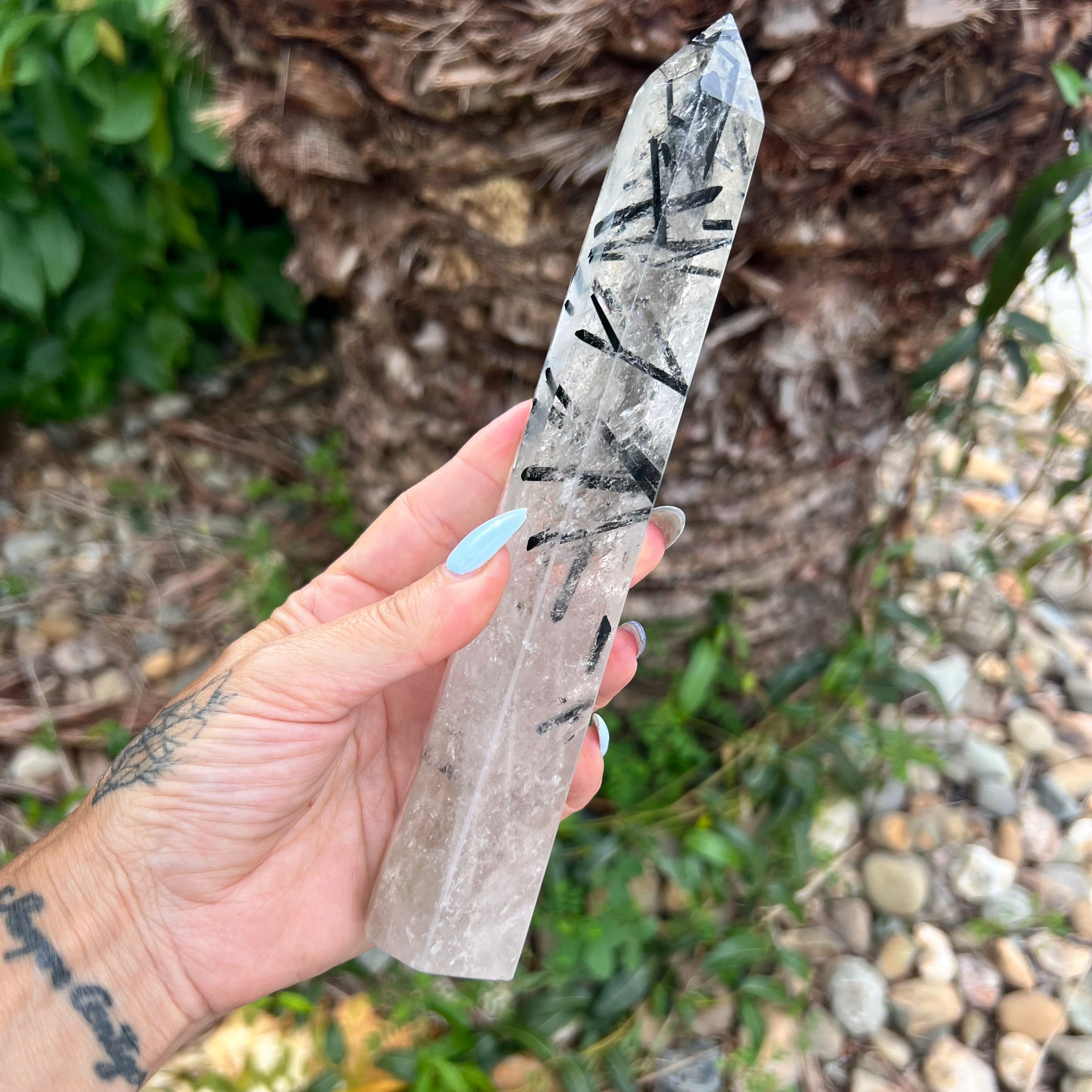 Black Tourmaline in Clear Protective Generator Quartz Tower