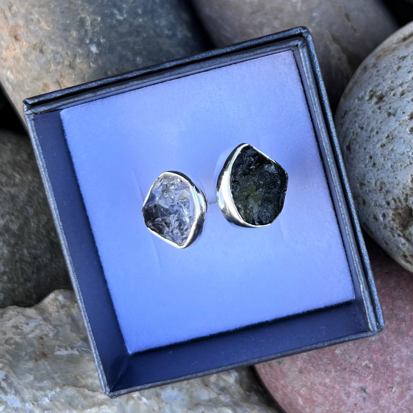 Raw Moldavite and Herkimer Diamond Ring set in Sterling Silver ~ size 7 adjustable