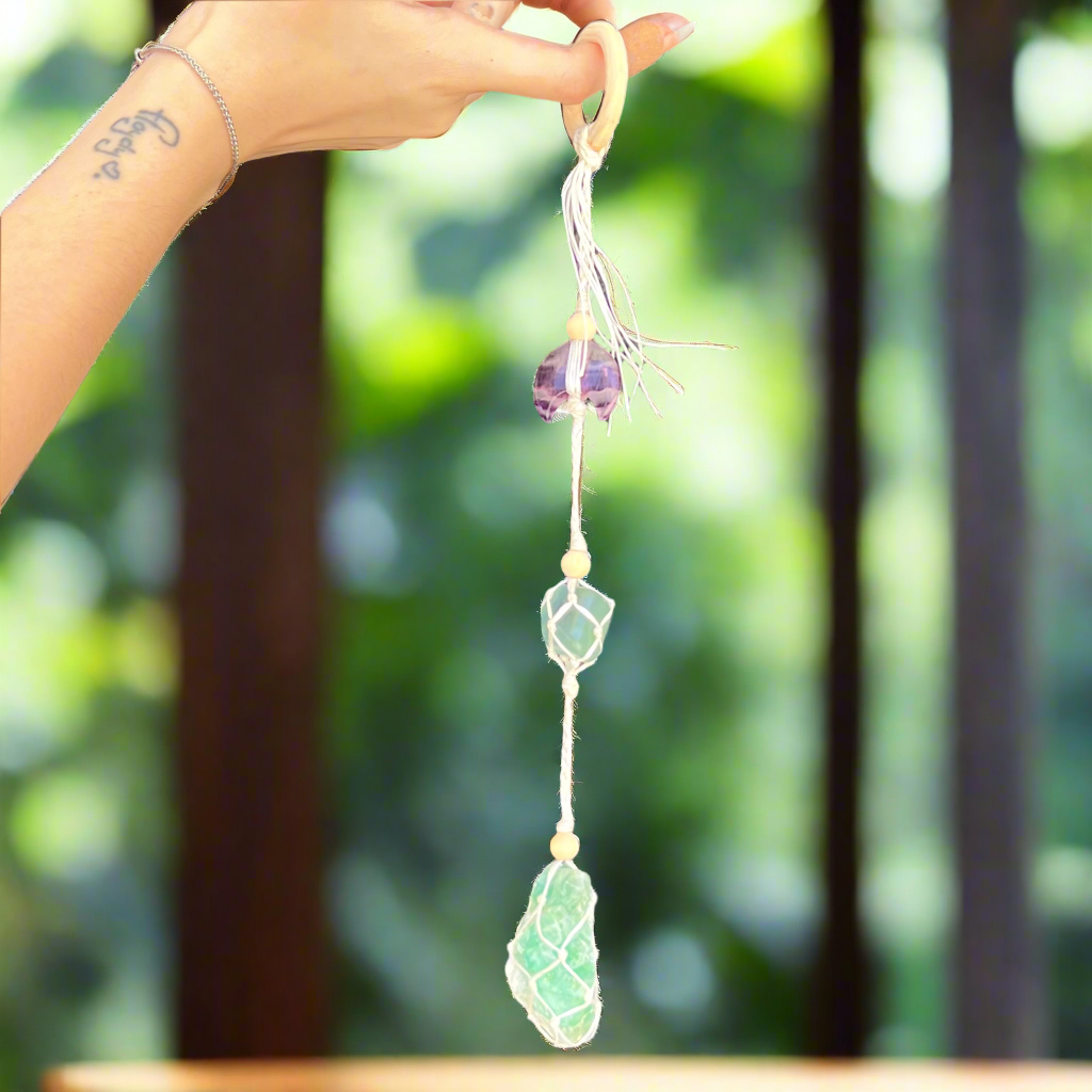 Triple Fluorite Macrame Crystal Hanger