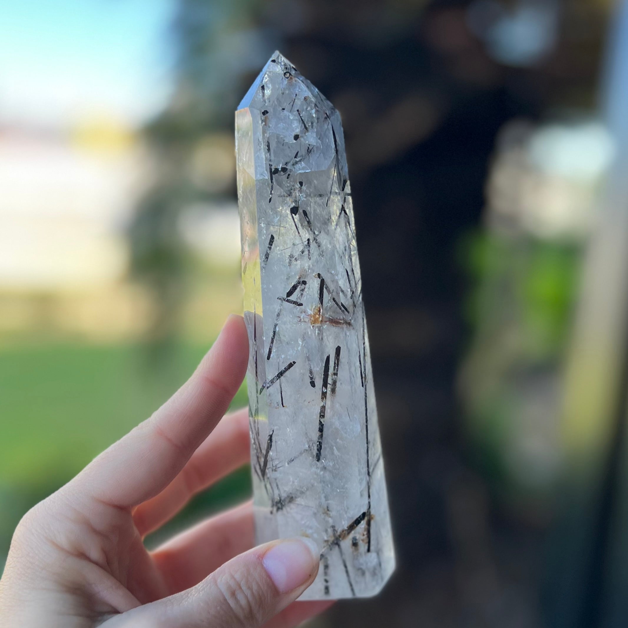 Black Tourmaline in Clear Protective Generator Quartz Tower