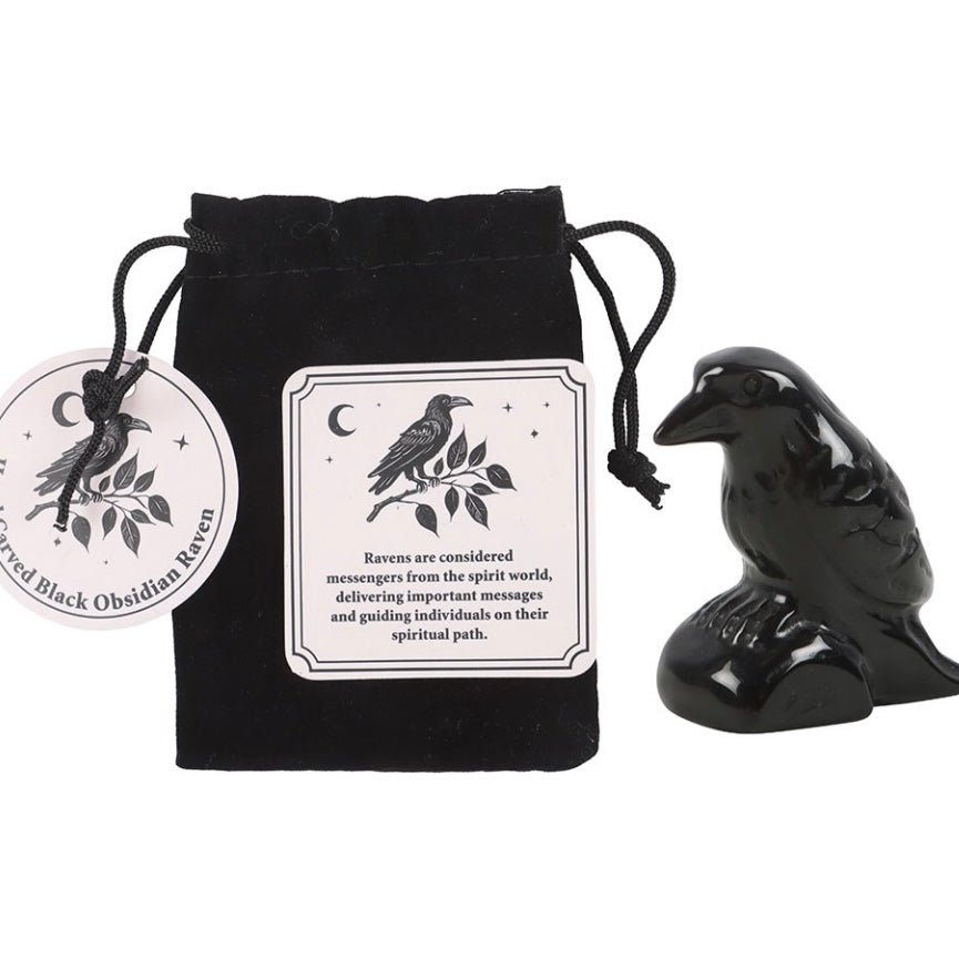 Black Obsidian Raven Carving in Bag