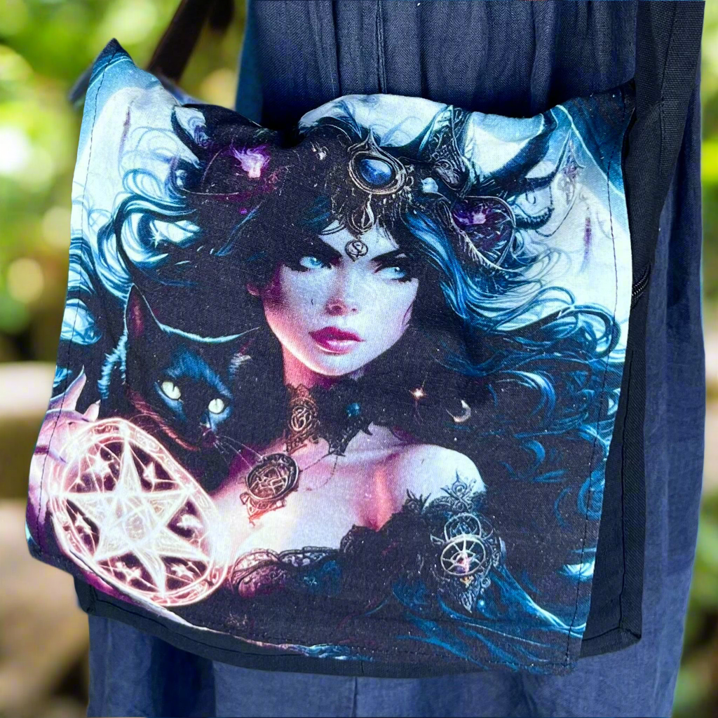 Mystical Witch with Cat ~ Cotton Shoulder Bag