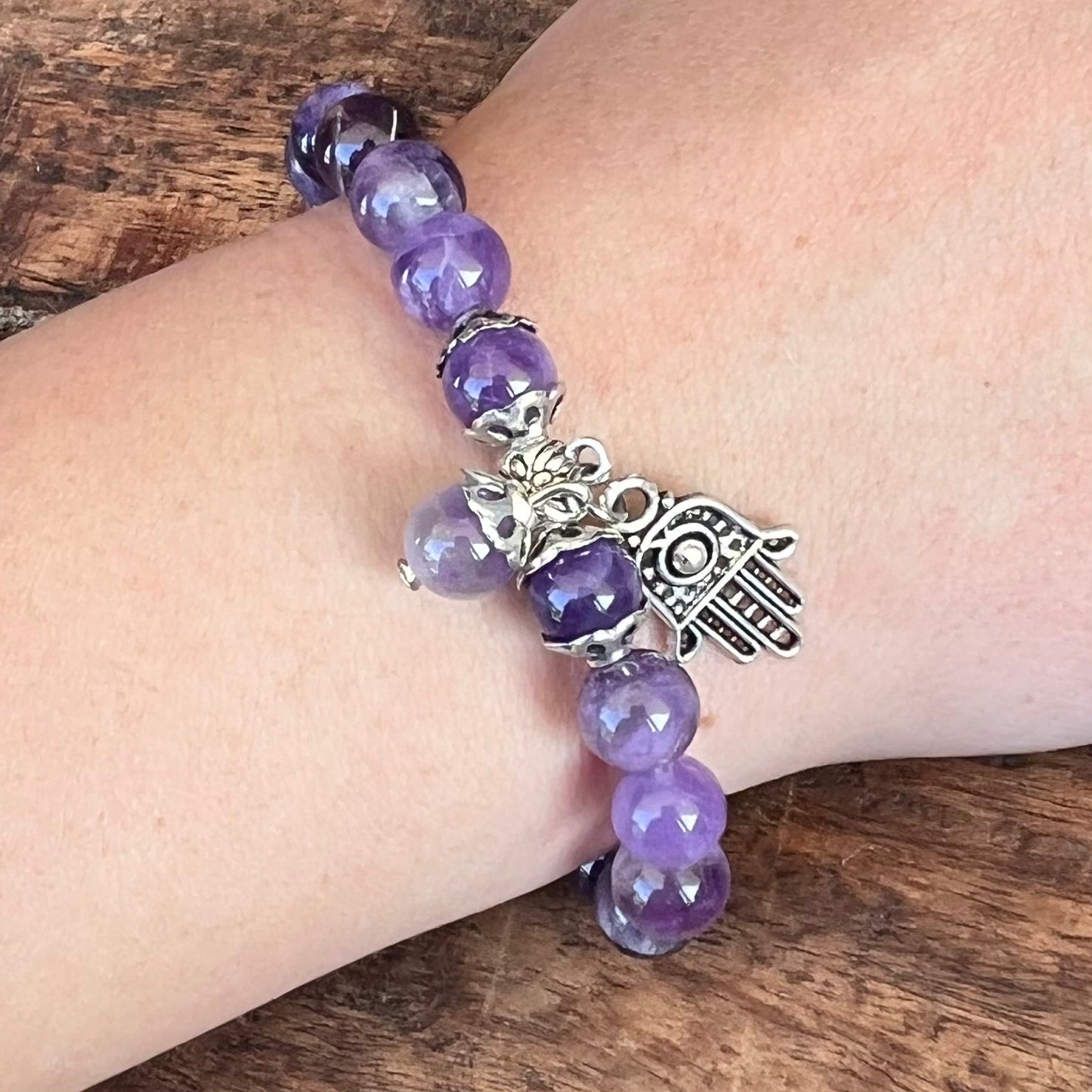 Double Protection Amethyst Bracelet with Hamsa Charm