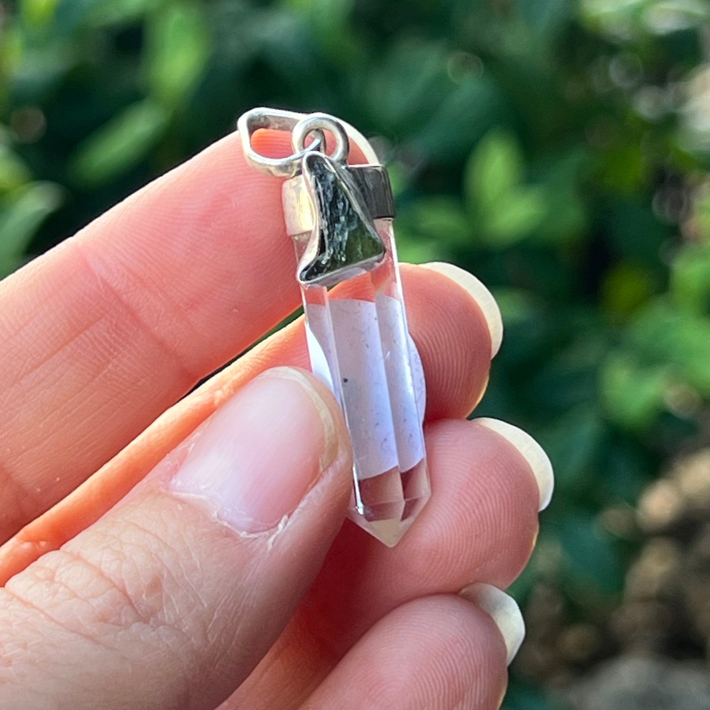 Clear Quartz with Moldavite Sterling Silver Pendant