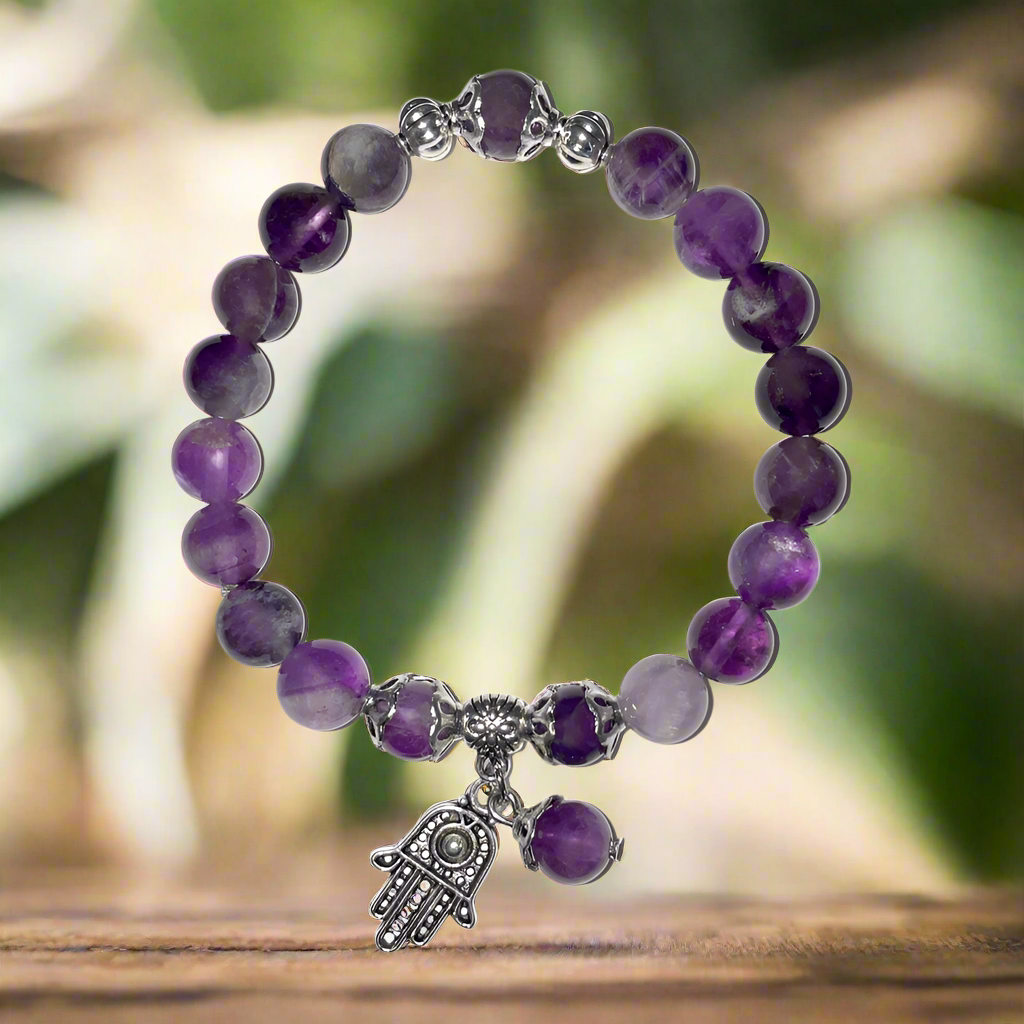 Double Protection Amethyst Bracelet with Hamsa Charm