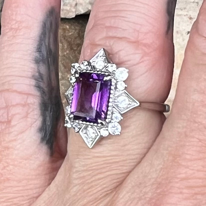 Amethyst & White Topaz Sterling Silver Ring ~ 8