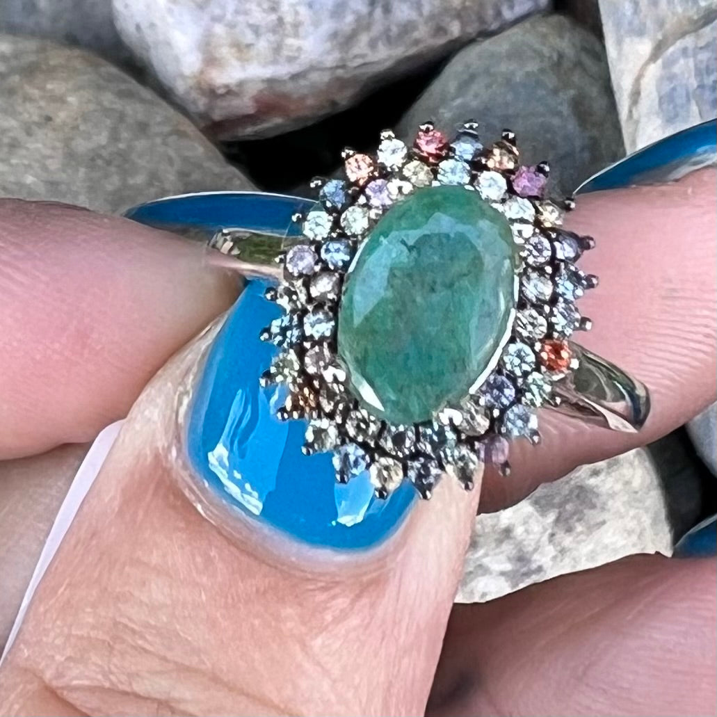 Emerald with Sapphires in Sterling Silver Ring ~ size 7