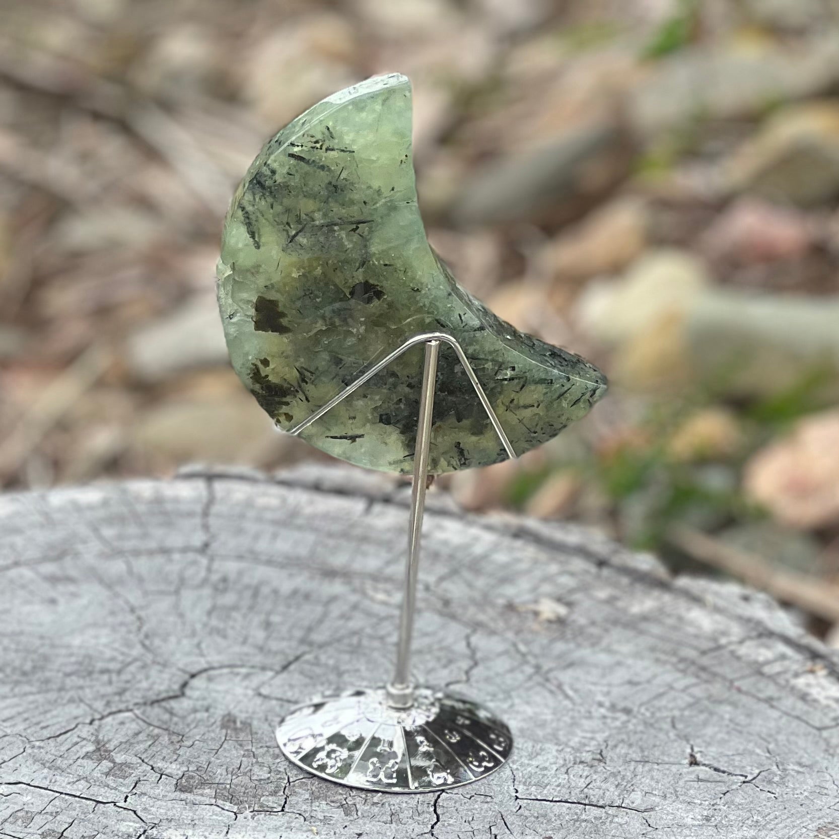 Prehnite Crescent Moon of Protection on Stand