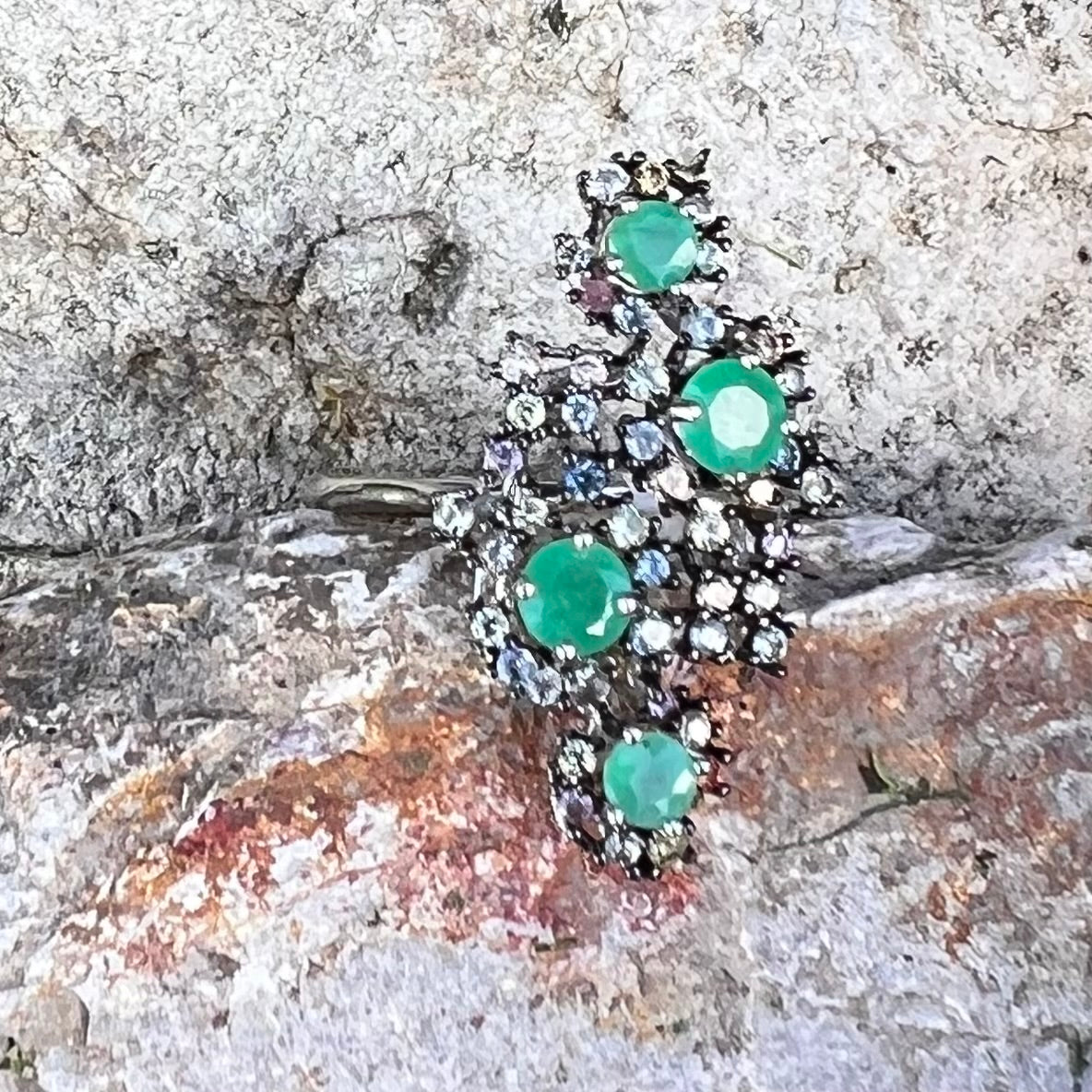 Emerald with Sapphires in Sterling Silver Ring ~ size 7