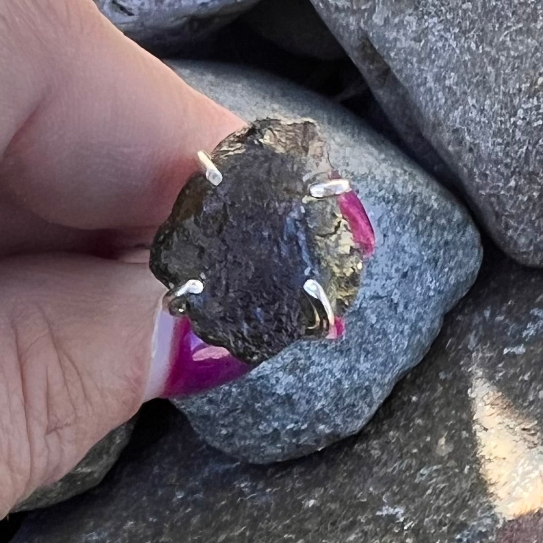 Raw Moldavite Ring set in Sterling Silver ~ adjustable size