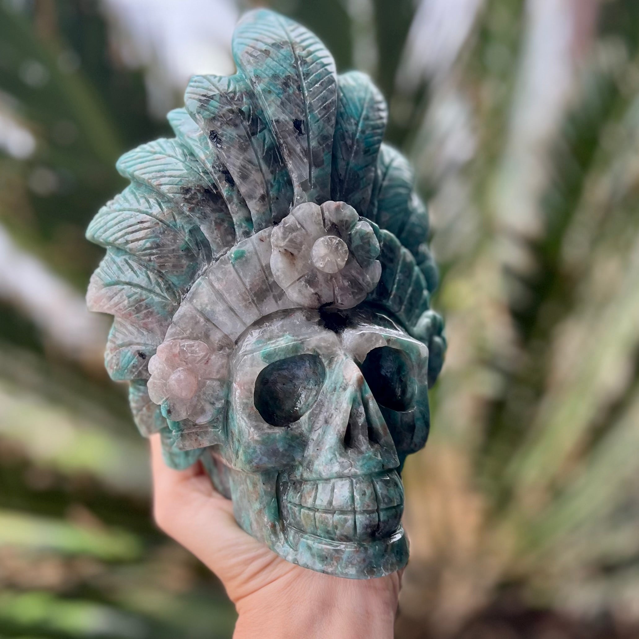 Amazonite Warrior Skull with Headdress Carving