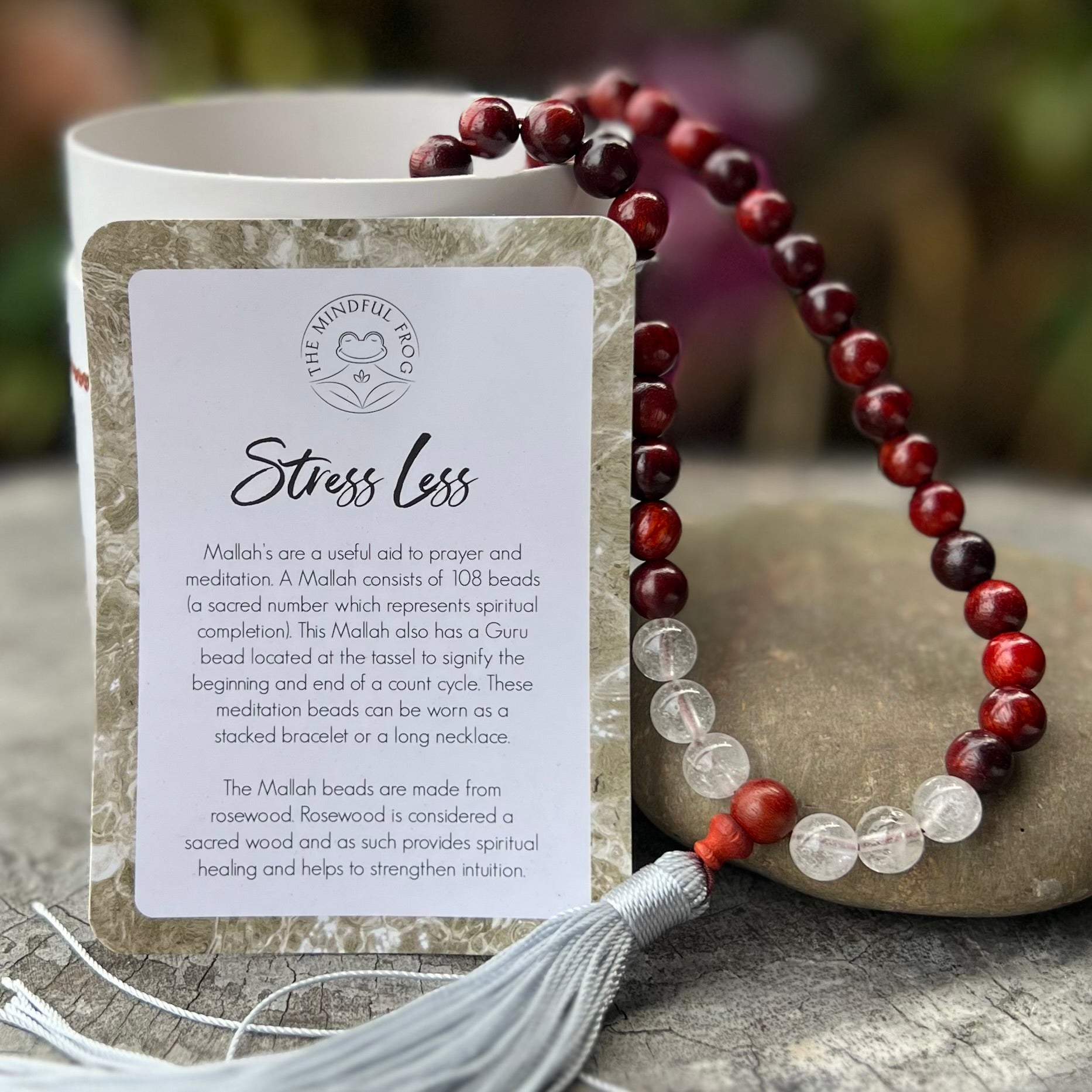 Stress Less~ Rosewood and Clear Quartz ~ Meditation Necklace