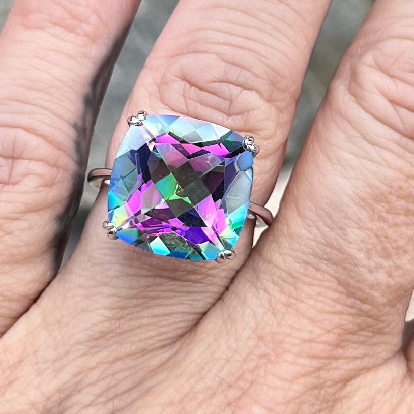 Mystic Topaz ~ Cushion Cut Sterling Silver Ring ~ size 5