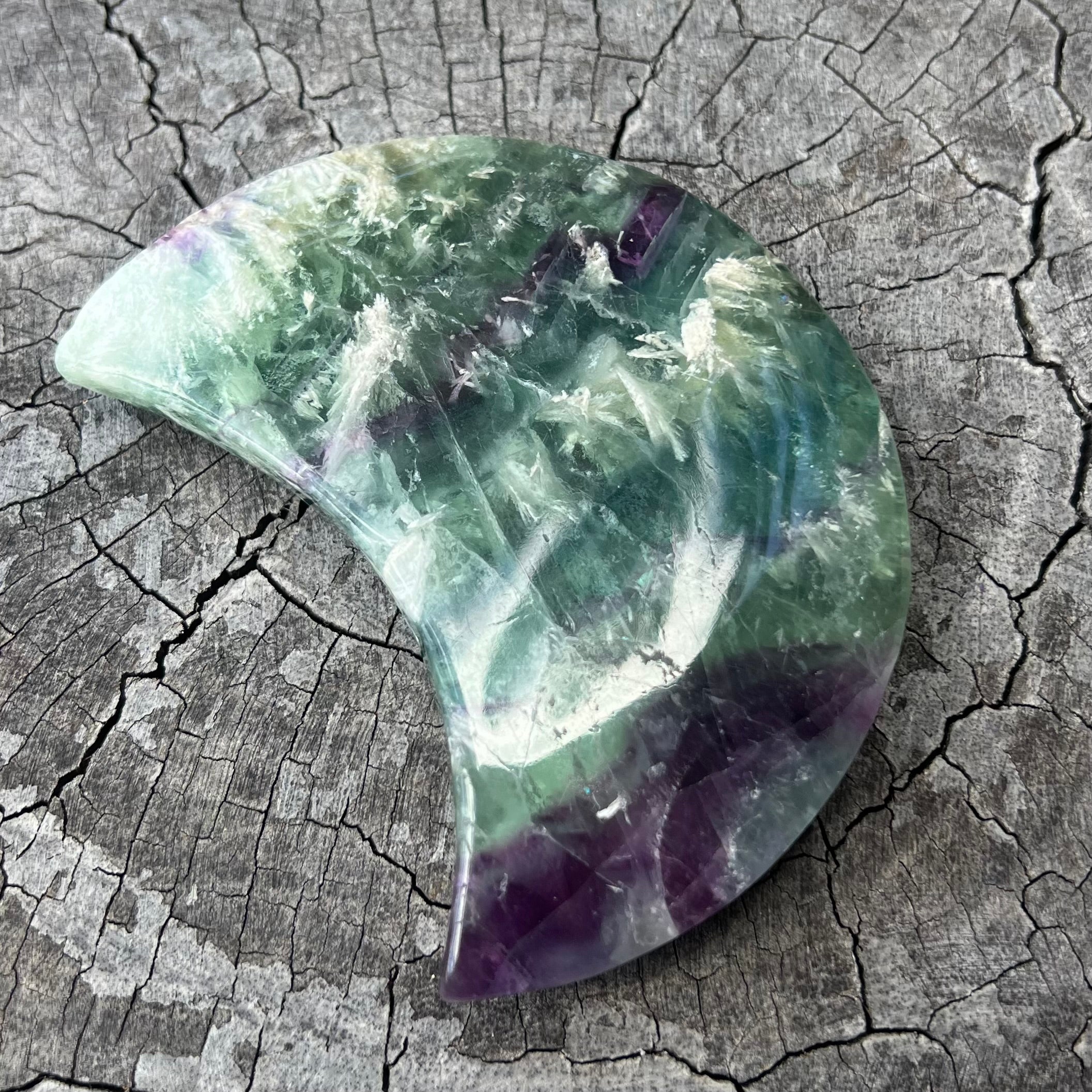 Snowflake Fluorite Moon Carving