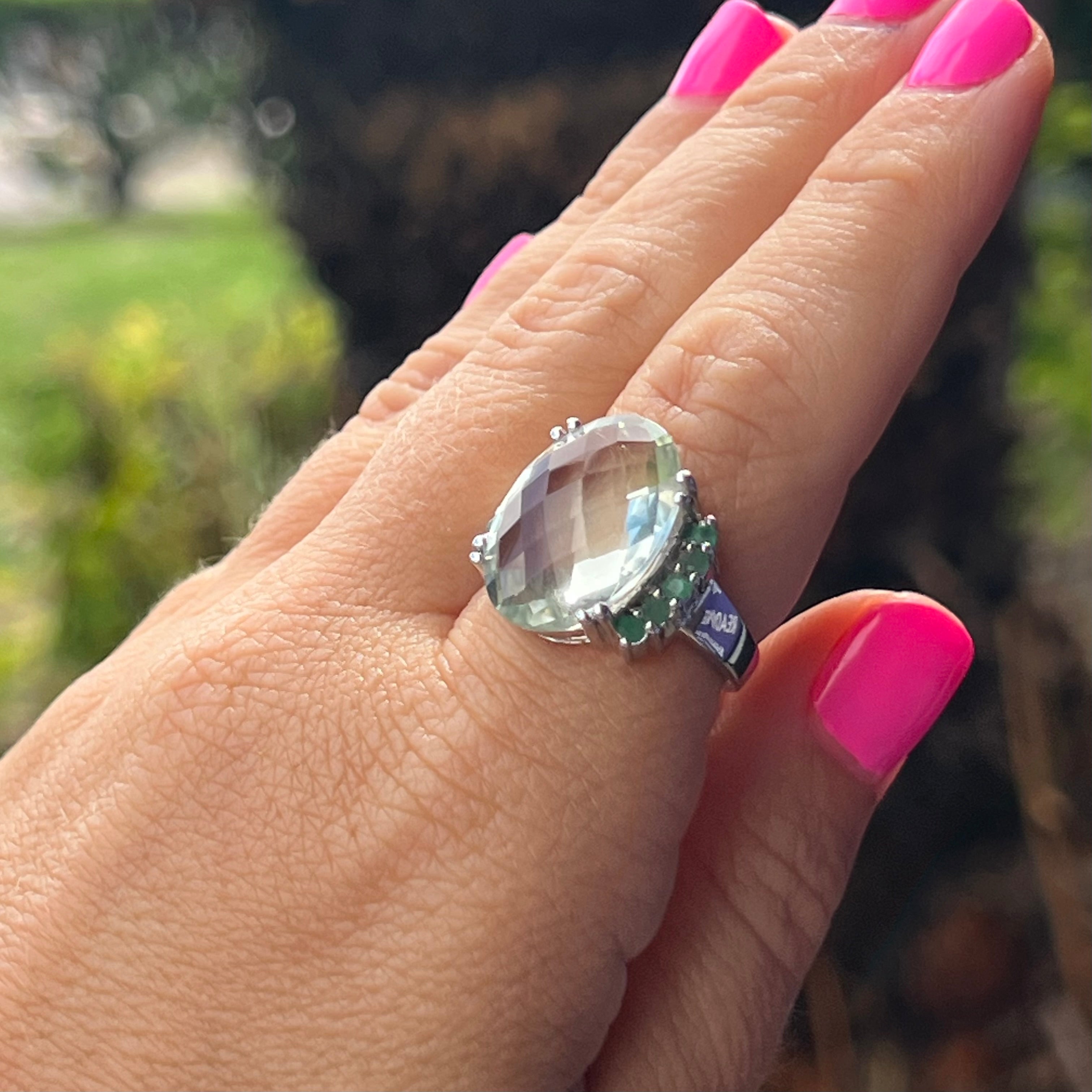 Prasiolite + Emerald Sterling Silver Ring ~ 7