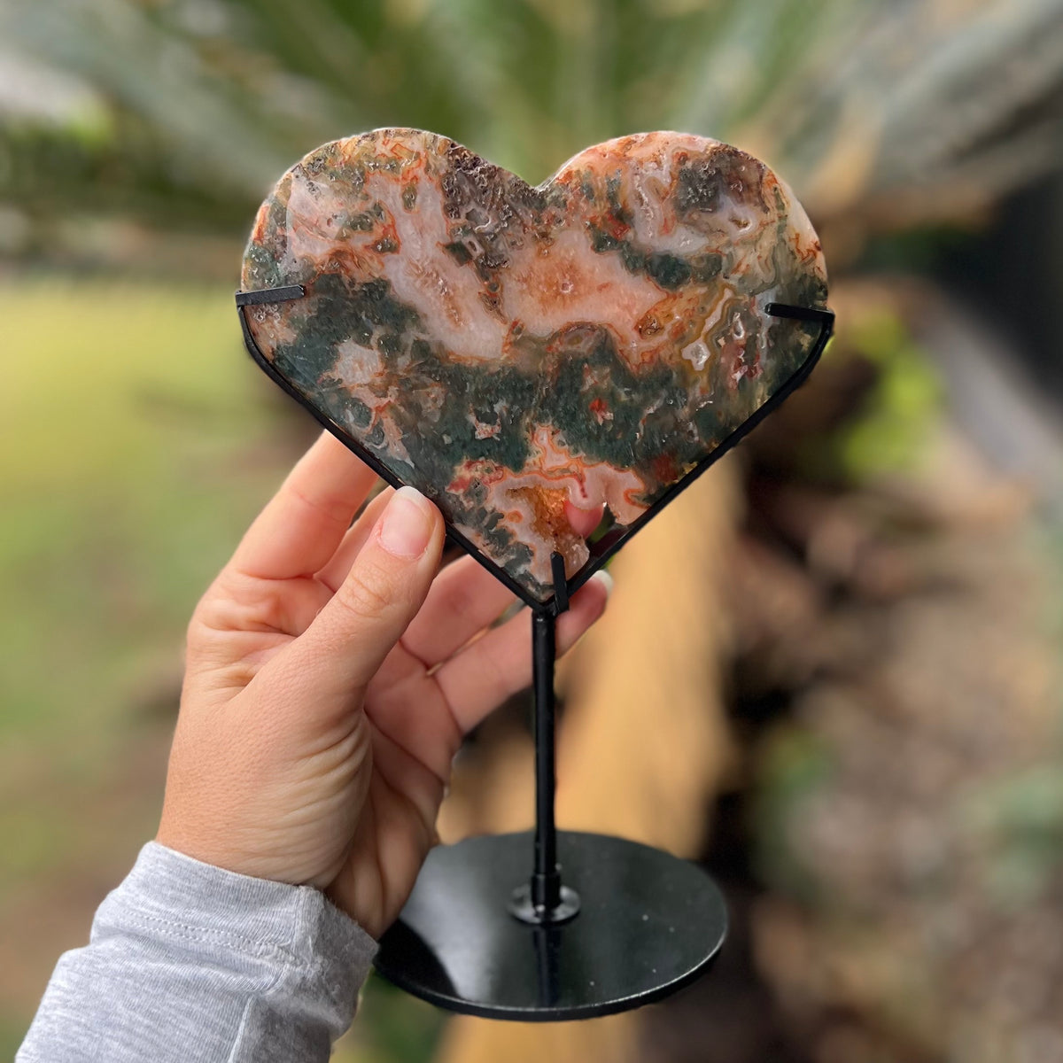 Red Moss Agate Heart Carving on Stand