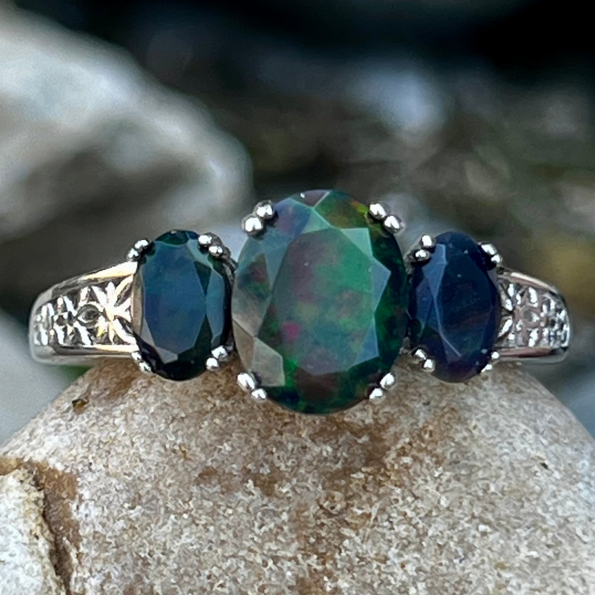 Black Opal ~ Sterling Silver Ring ~ Size 10