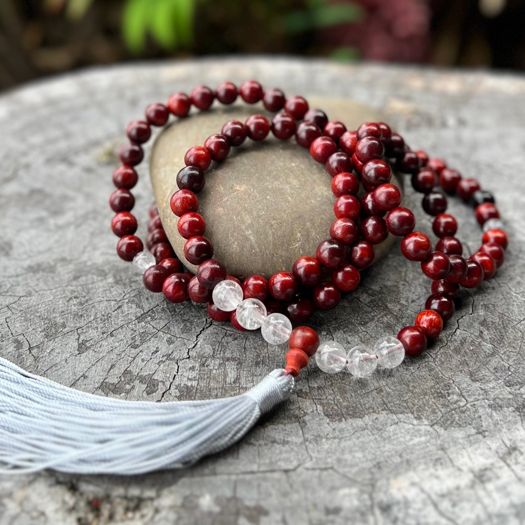 Stress Less~ Rosewood and Clear Quartz ~ Meditation Necklace