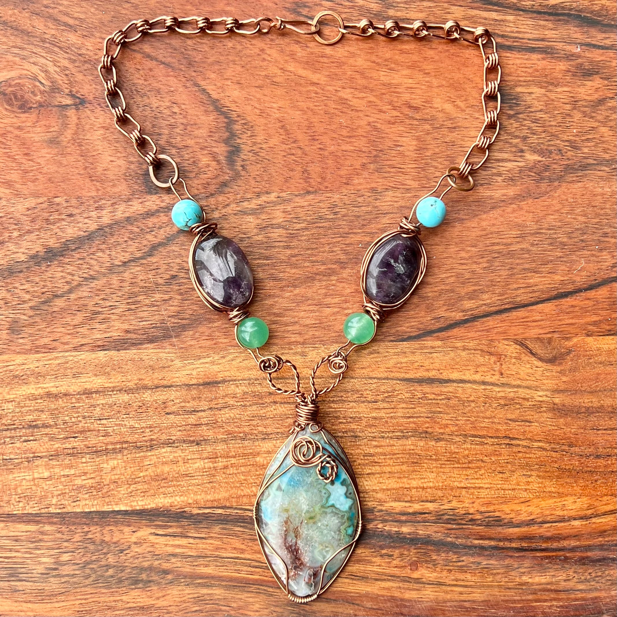 Muse Forged ~ Artesian Plume Agate, Green Aventurine & Amethyst Necklace