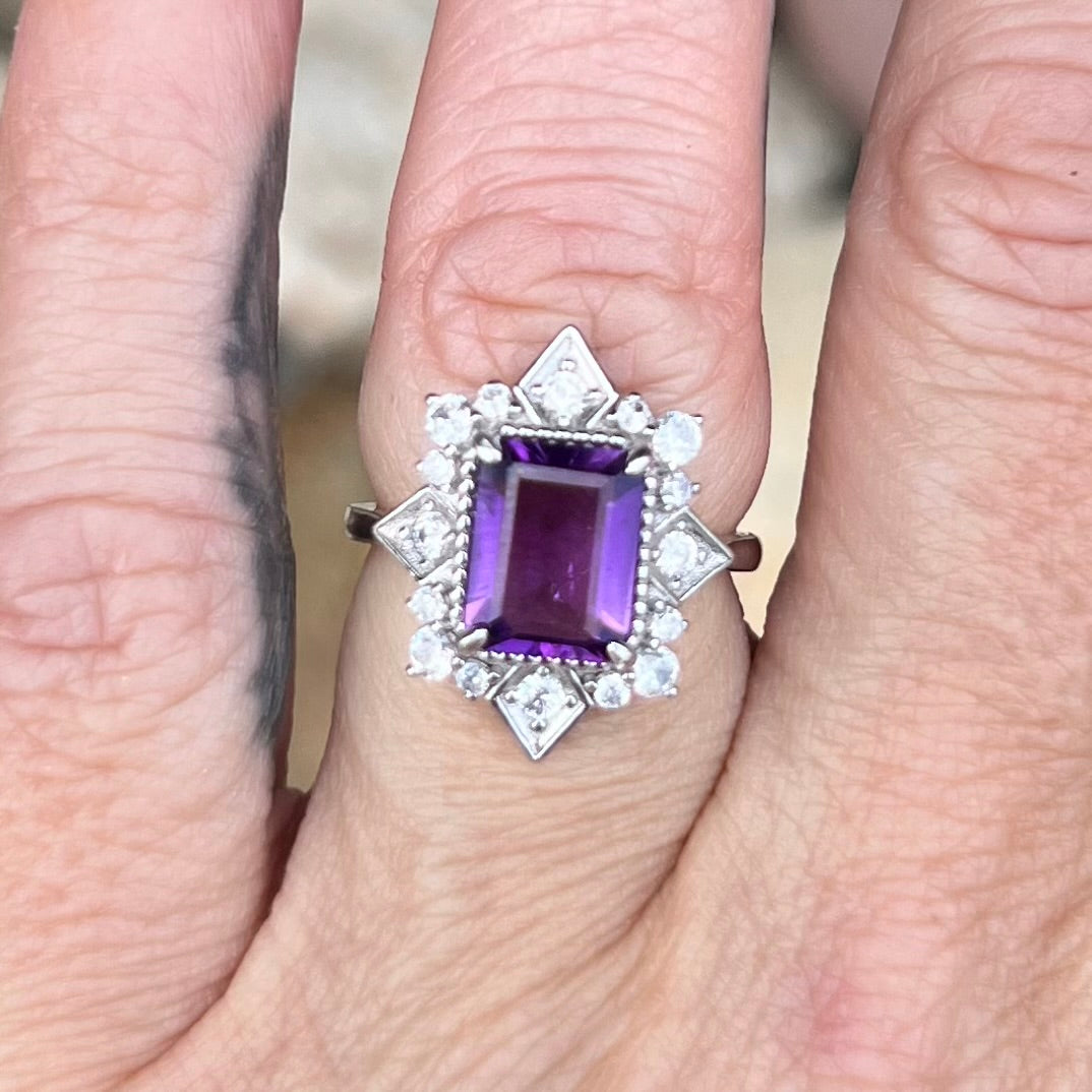 Amethyst & White Topaz Sterling Silver Ring ~ 8