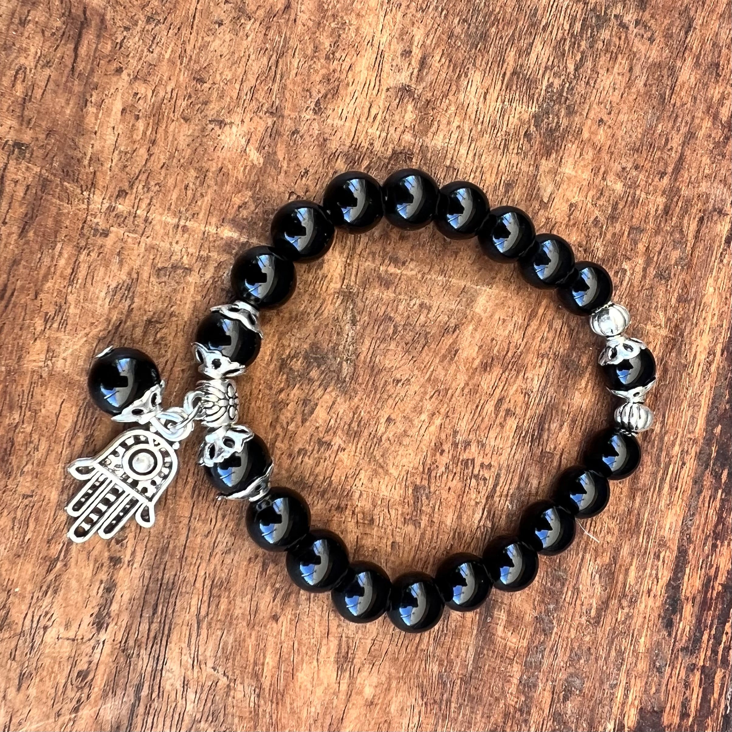 Double Protection Black Obsidian Bracelet with Hamsa Charm