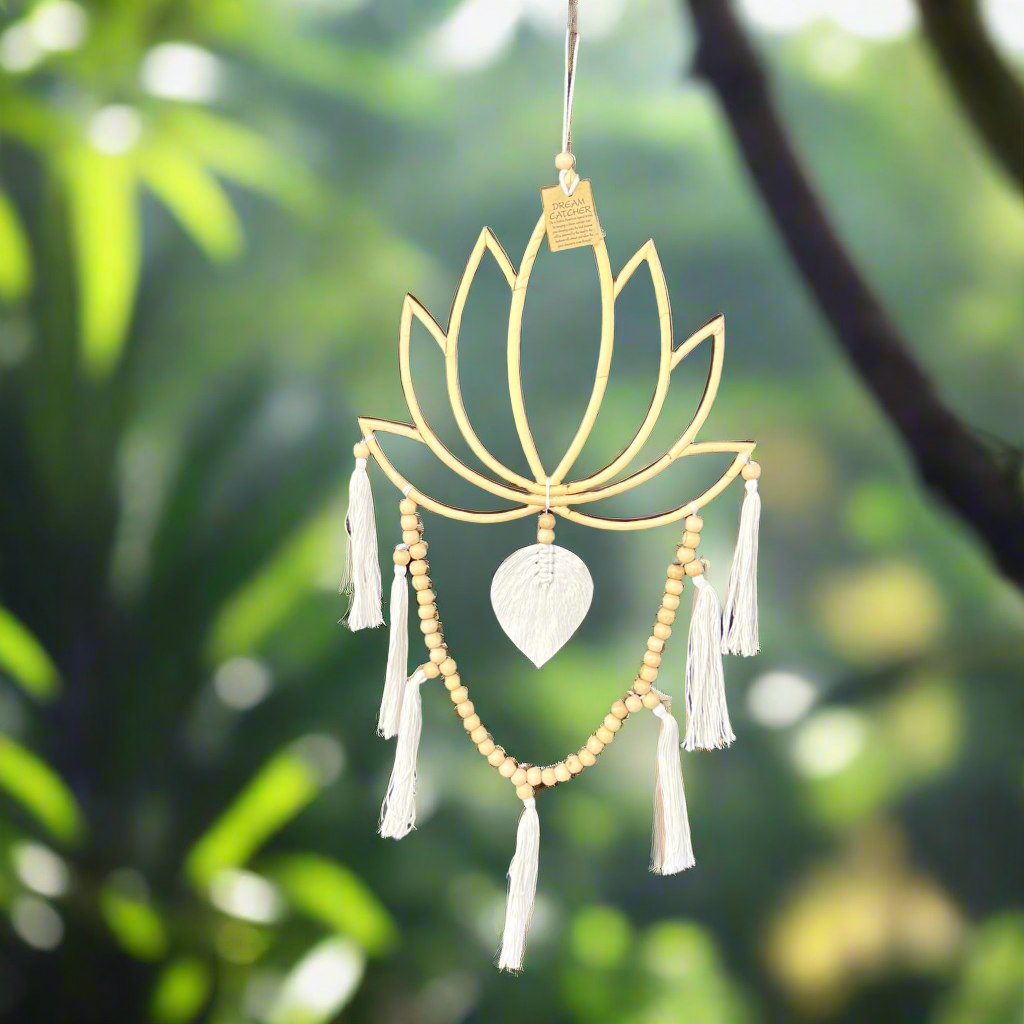 Boho Lotus Beige Beaded Macrame Wall Art ~ Medium