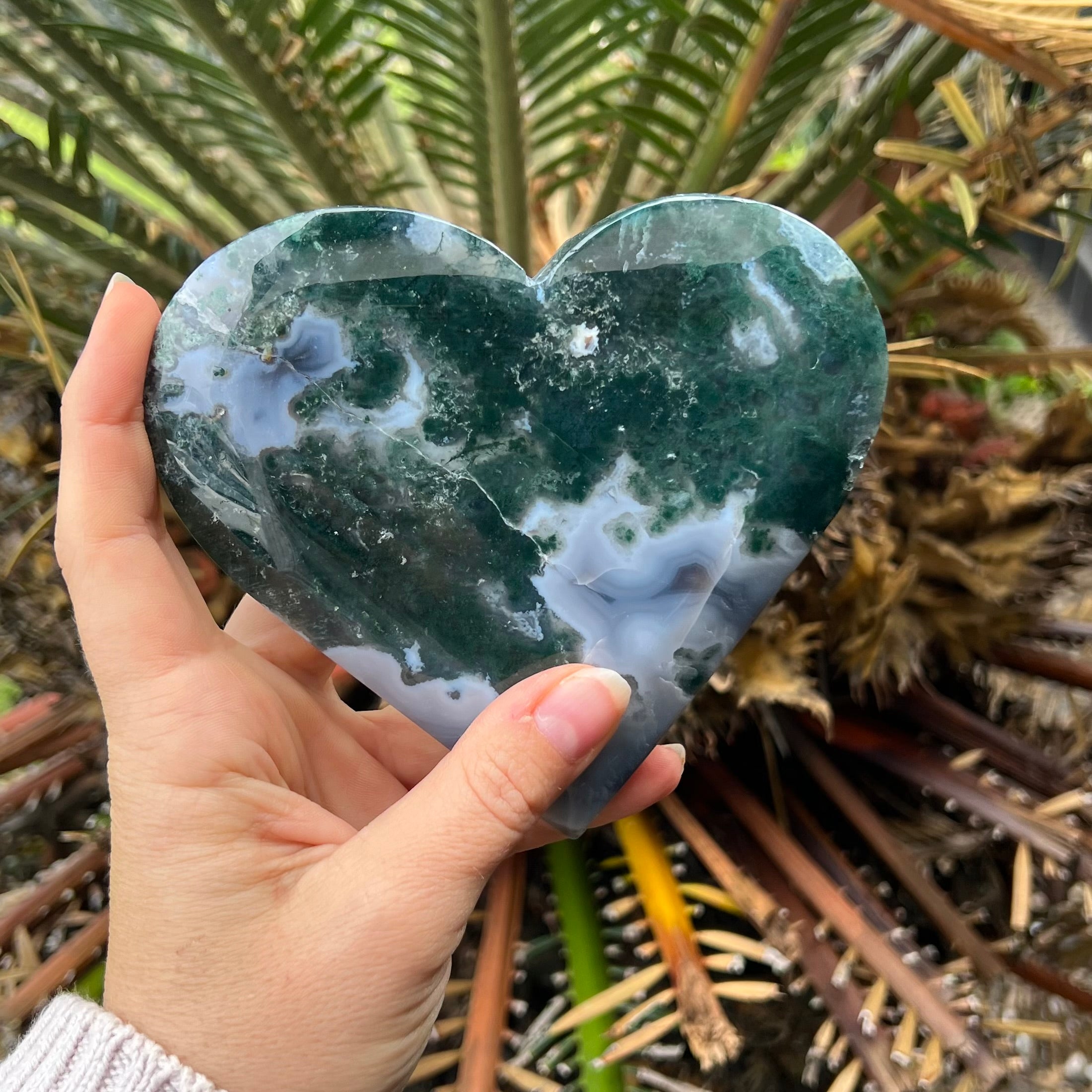 Moss Agate Heart Carving on Stand