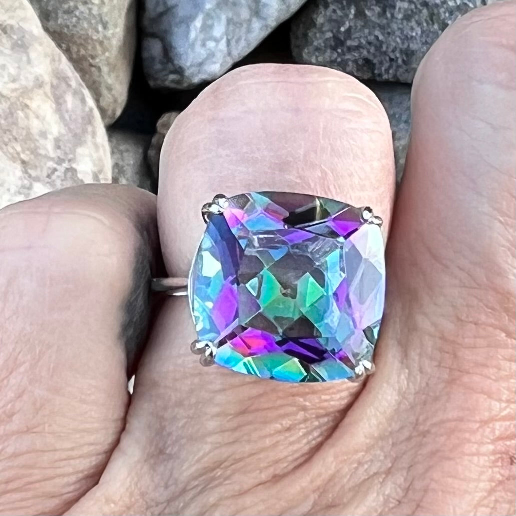 Mystic Topaz ~ Cushion Cut Sterling Silver Ring ~ size 8.5