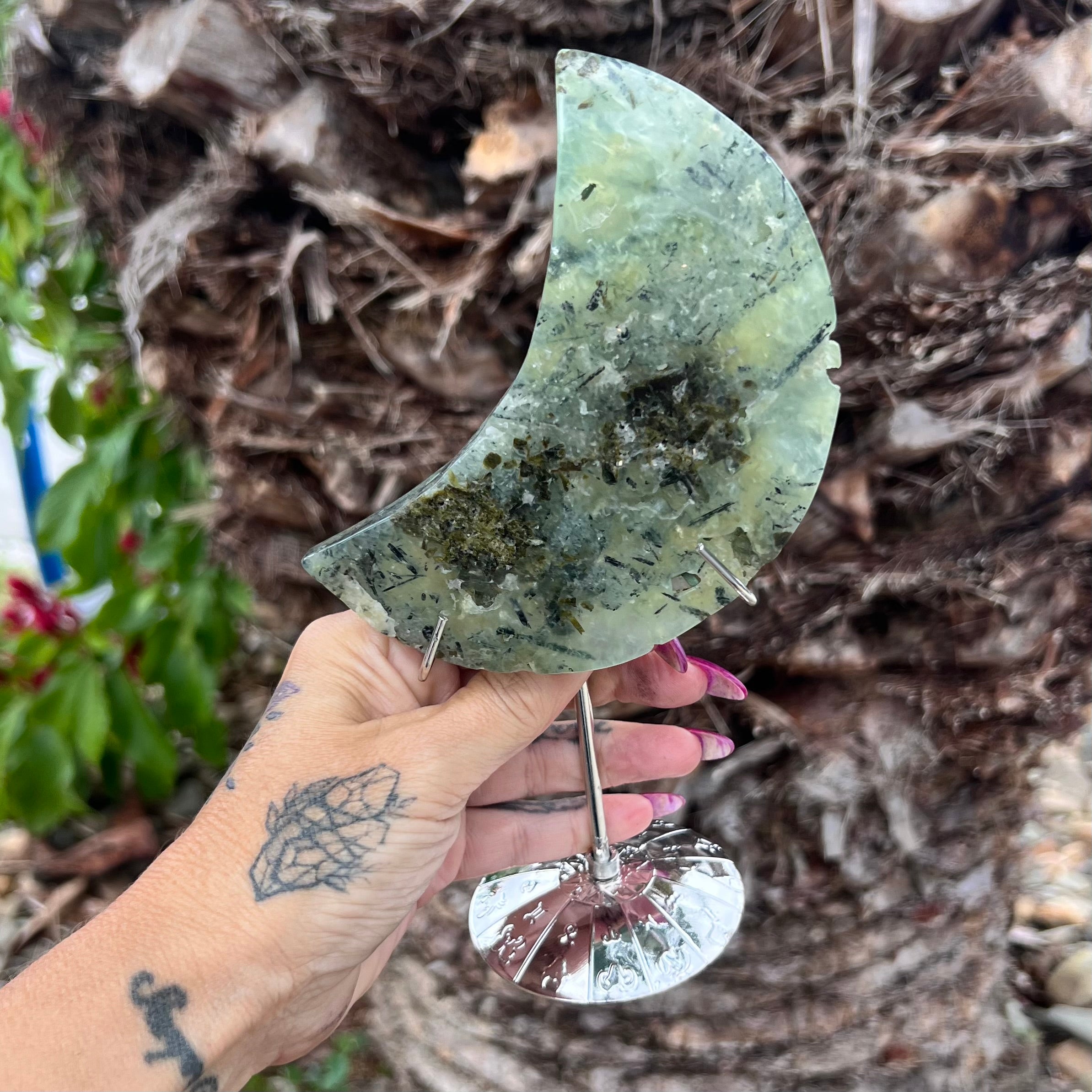 Prehnite Crescent Moon of Protection on Stand