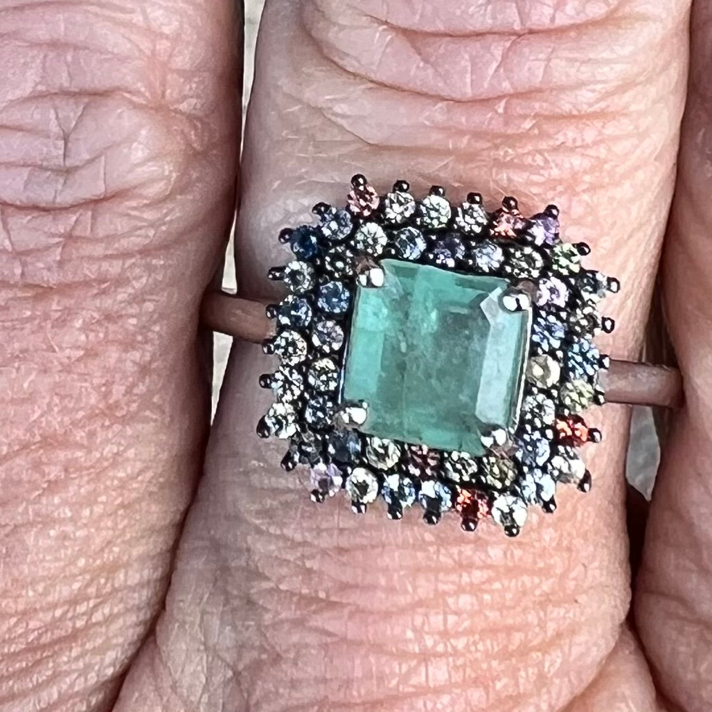 Emerald with Sapphires in Sterling Silver Ring ~ size 6