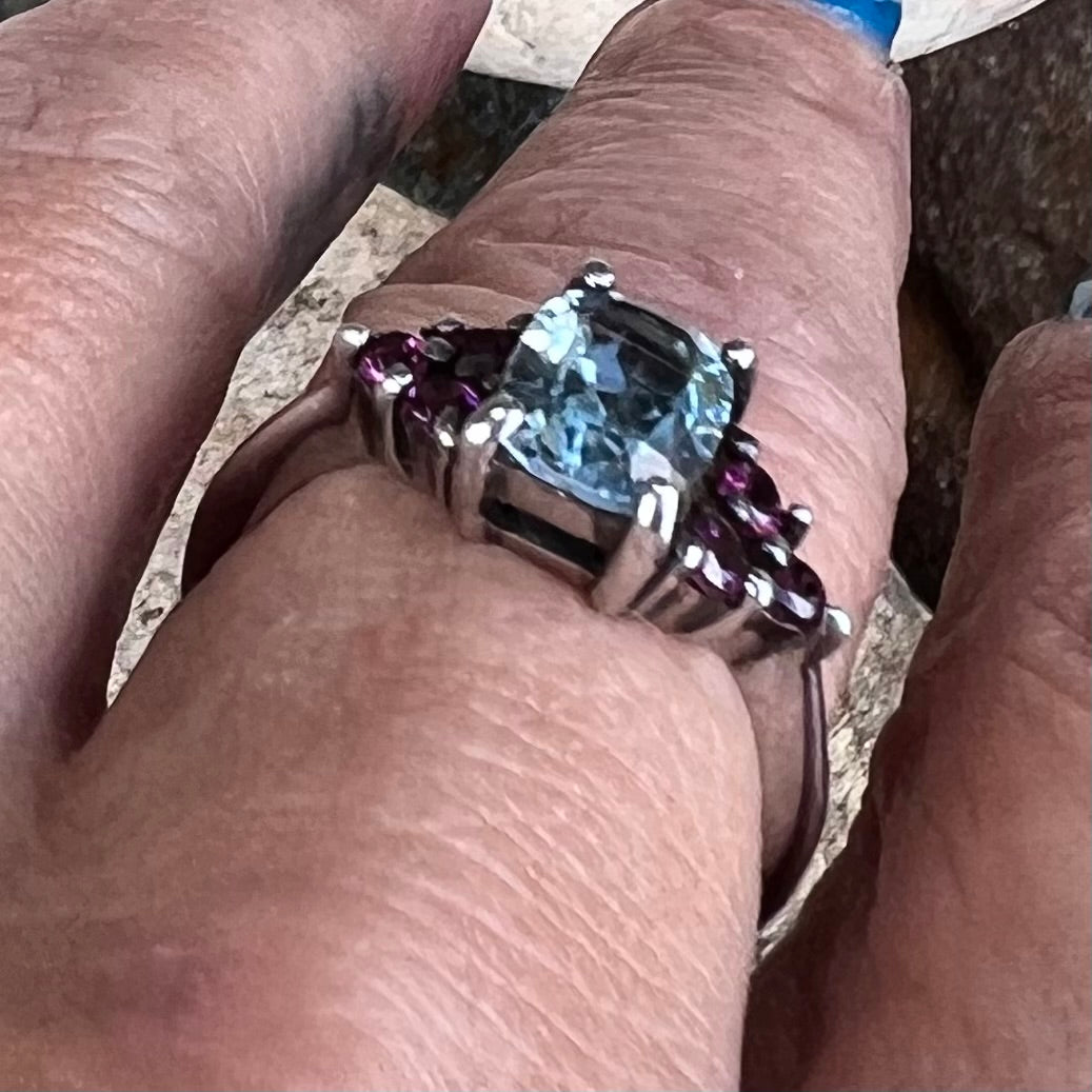 Blue Topaz & Rhyolite Garnet ~ Sterling Silver Ring ~ 7.5