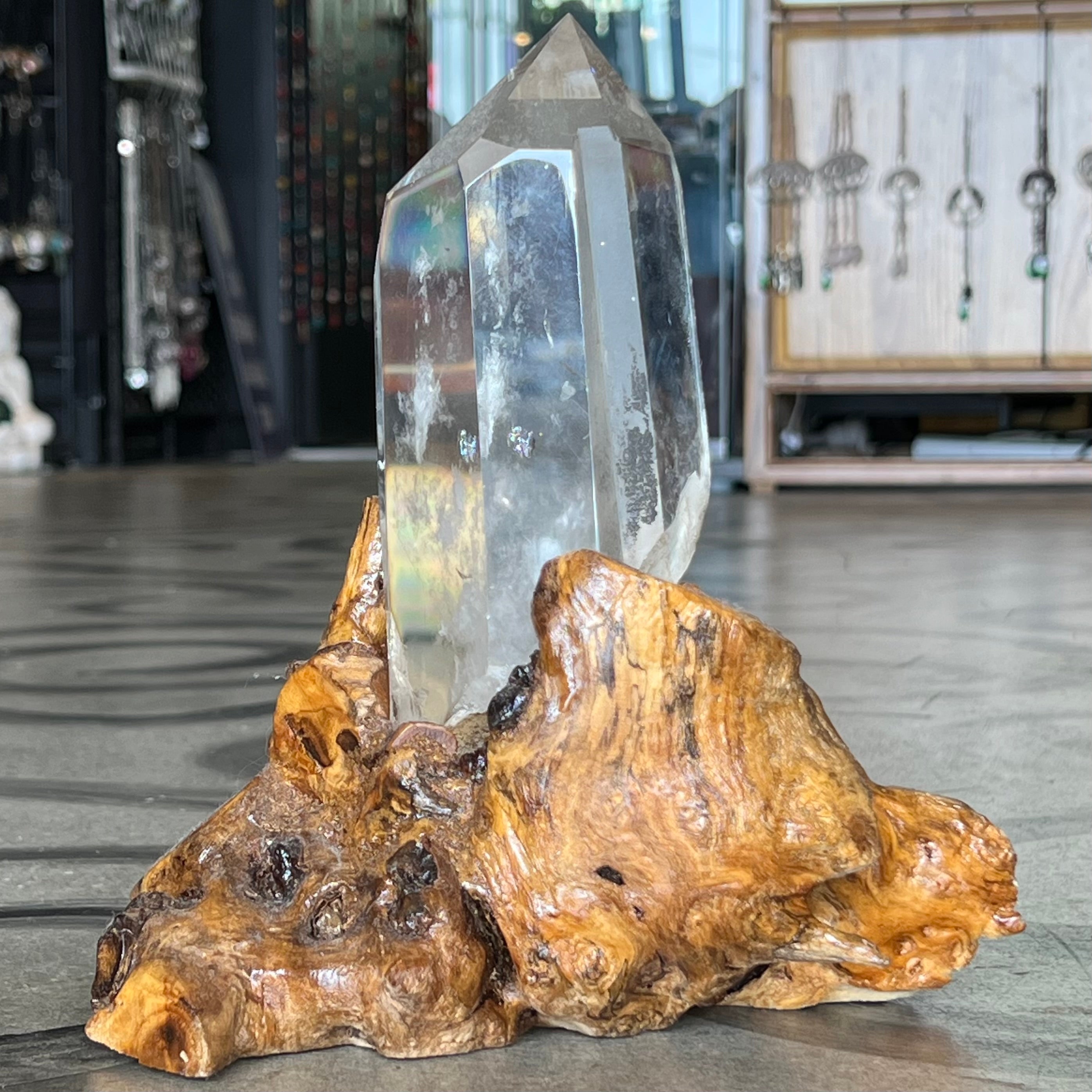 Clear Quartz Semi Raw Generator Point on wooden stand