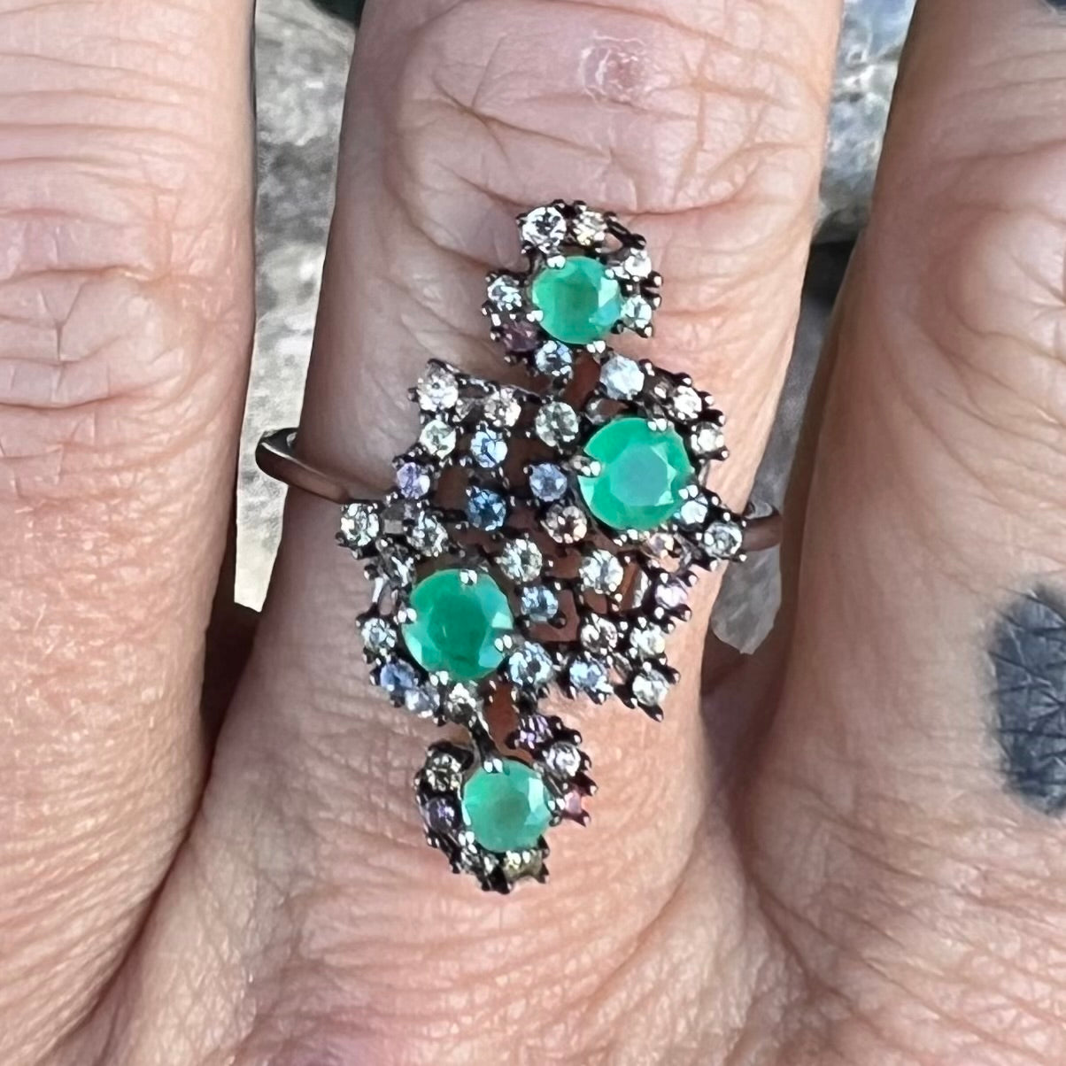 Emerald with Sapphires in Sterling Silver Ring ~ size 7