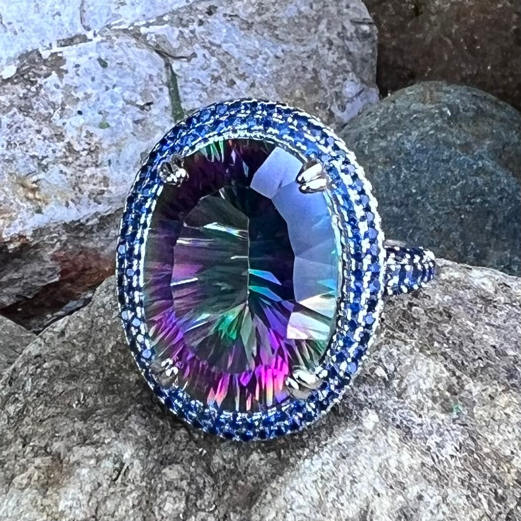 Mystic Topaz with Blue Sapphire ~ Sterling Silver Ring ~ size 8