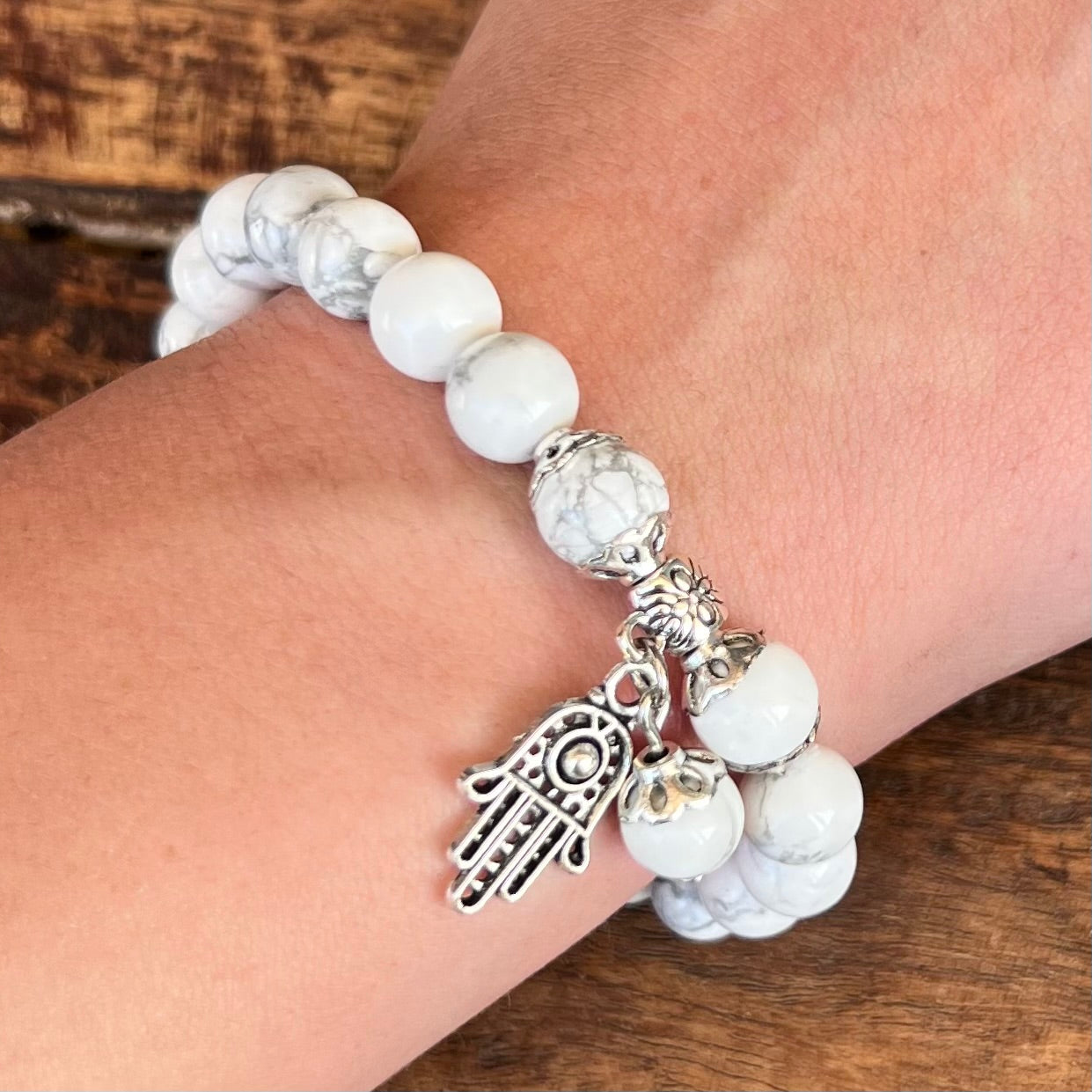 White Howlite Calming Bracelet with Hamsa Charm