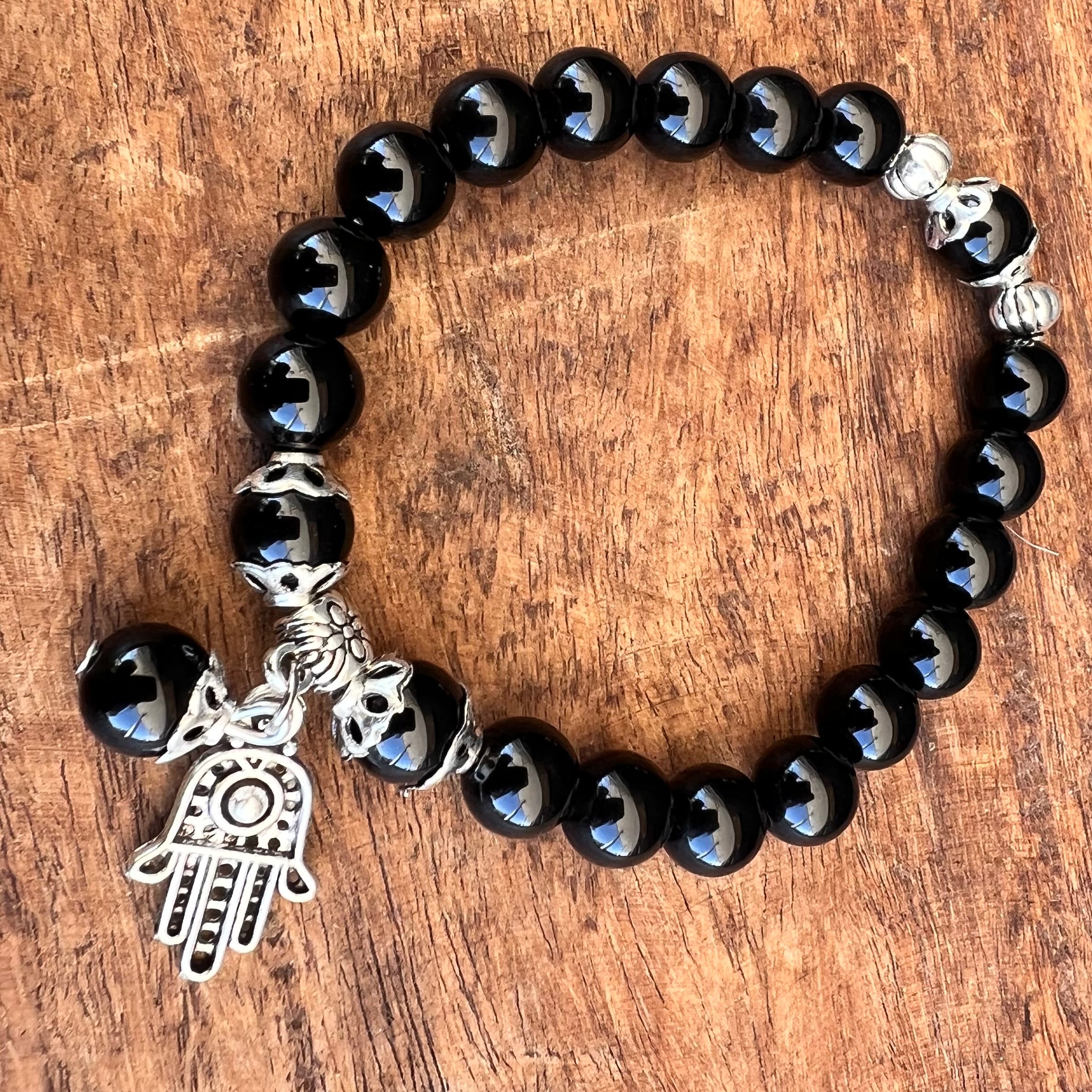 Double Protection Black Obsidian Bracelet with Hamsa Charm