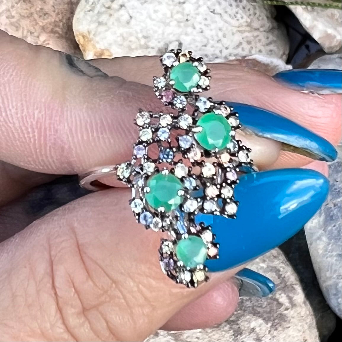 Emerald with Sapphires in Sterling Silver Ring ~ size 7