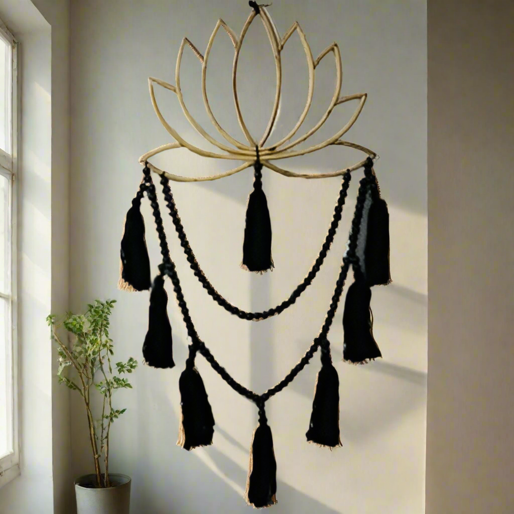 Boho Lotus Black Beaded Macrame Wall Art