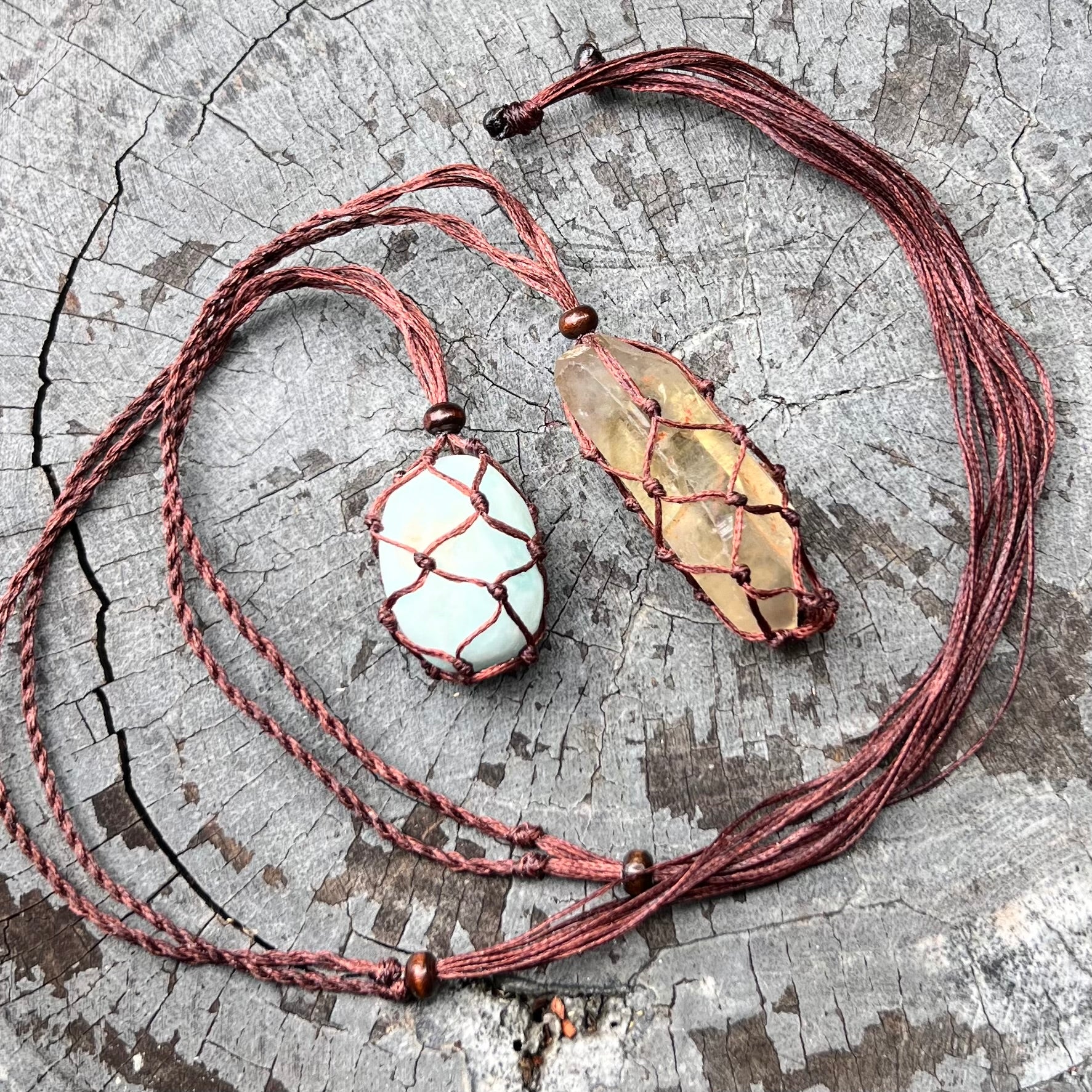 Waxed Cord Macrame Crystal Cage Necklace ~ Dark Brown