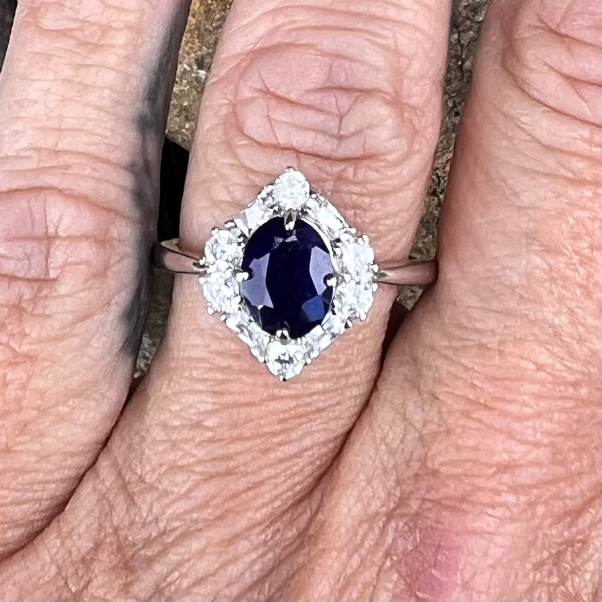 Blue Sapphire and White Topaz Ring ~ size 8
