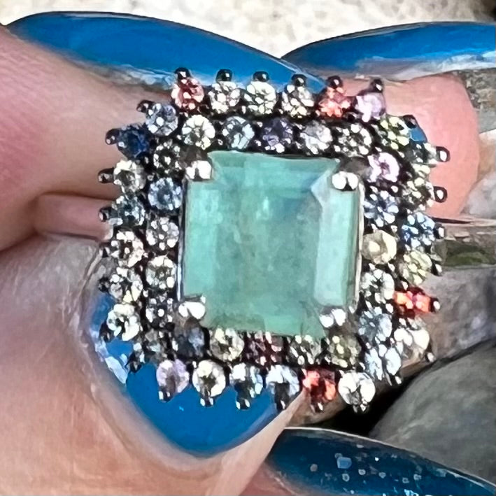 Emerald with Sapphires in Sterling Silver Ring ~ size 6