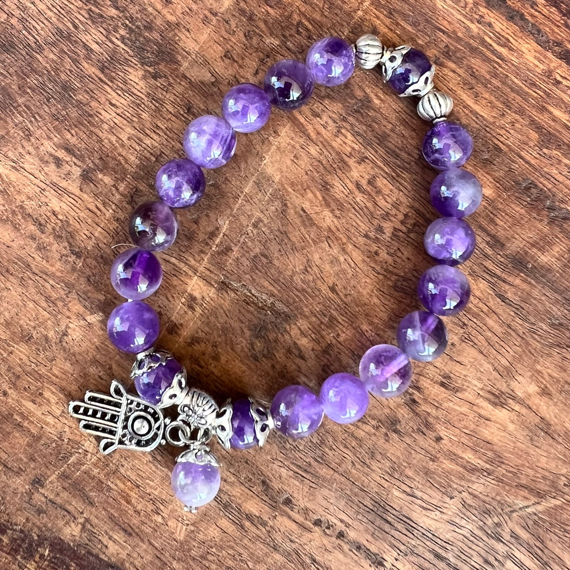 Double Protection Amethyst Bracelet with Hamsa Charm