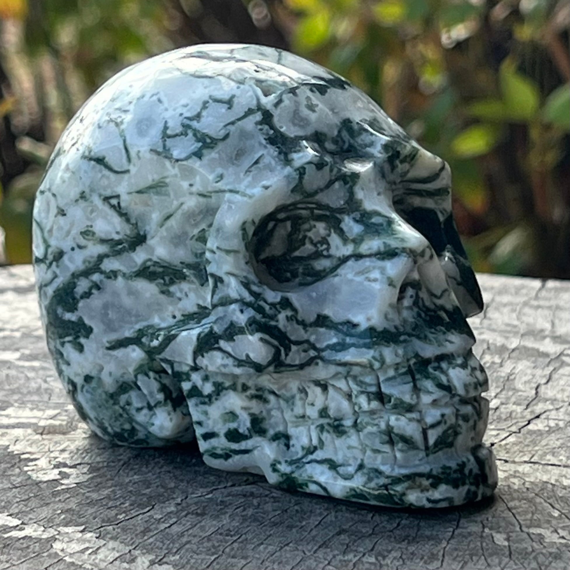 Moss Agate Skull Carving