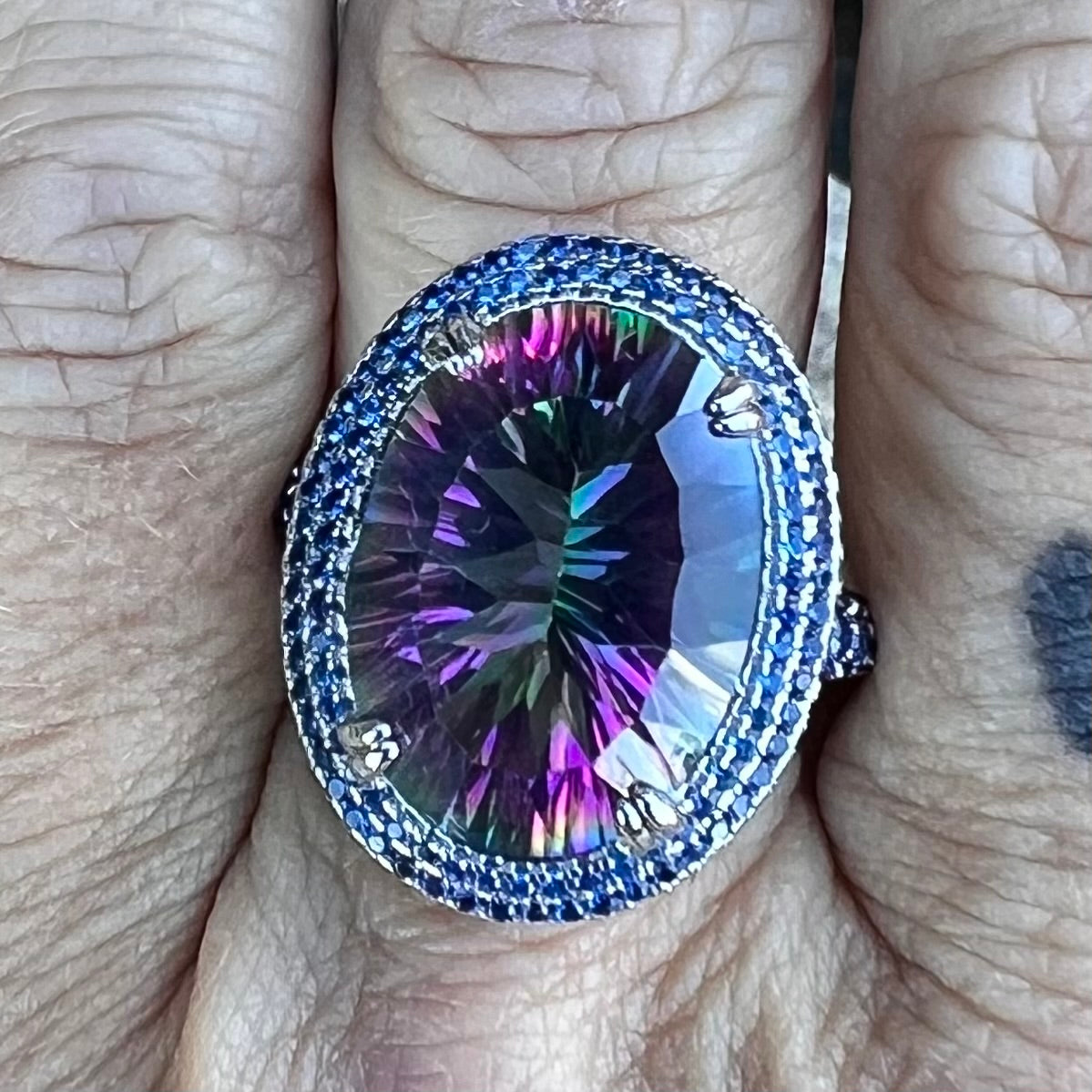 Mystic Topaz with Blue Sapphire ~ Sterling Silver Ring ~ size 8