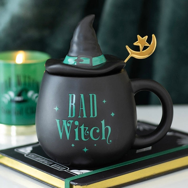 Green Bad Witch ~  Ceramic Mug with Metal Moon Spoon