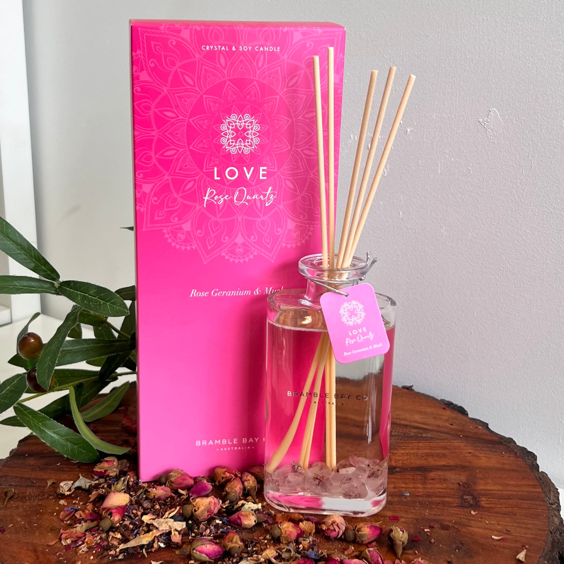 Boho Crystal Love Reed Diffuser ~ Rose Quartz ~
Rose Geranium & Musk